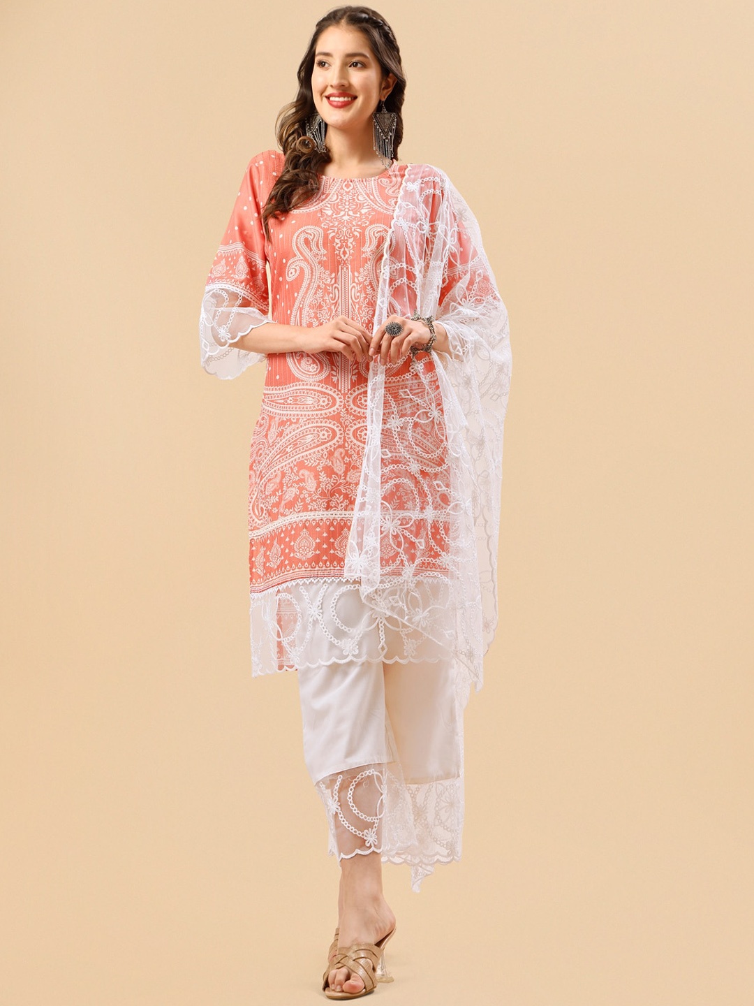 

Sangria Peach-Coloured Ethnic Printed Thread Work Sequinned Kurta & Trouser With Dupatta