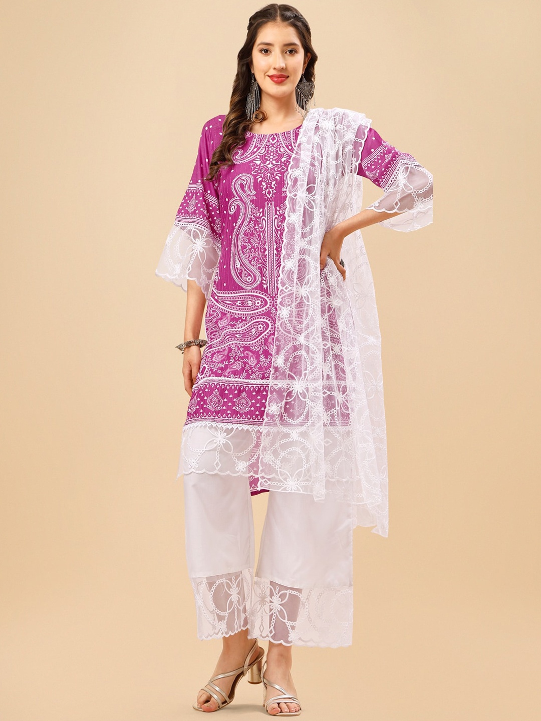 

Sangria Purple Ethnic Motifs Printed Thread Work Sequinned Kurta & Trouser With Dupatta