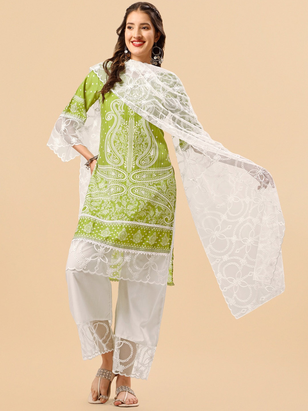 

Sangria Green Paisley Printed Thread Work Straight Kurta & Trousers With Dupatta