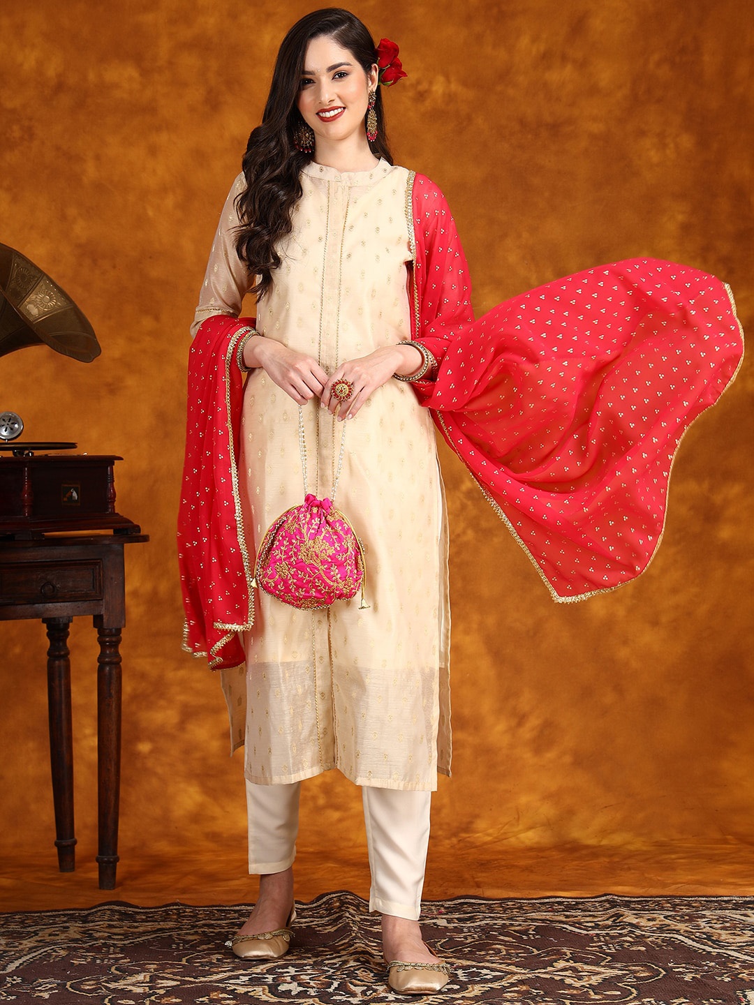 

Sangria Beige Ethnic Woven Design Mandarin Collar Zari Kurta & Trouser With Dupatta