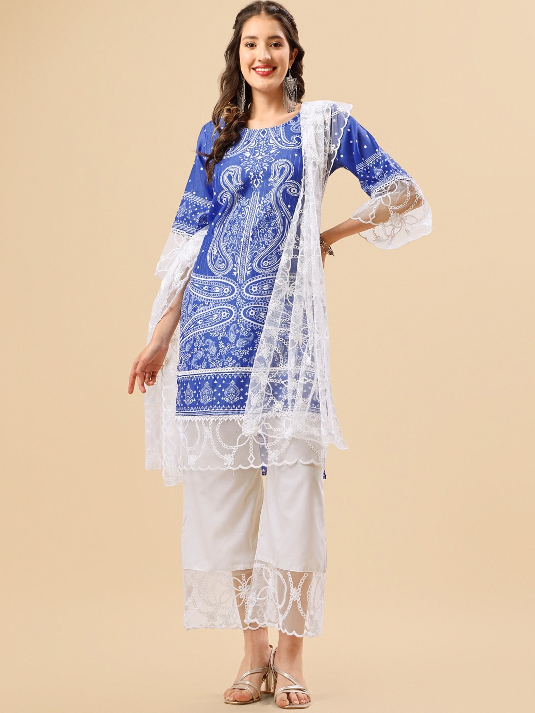 

Sangria Blue Ethnic Motifs Printed Thread Work Sequinned Kurta & Trouser With Dupatta