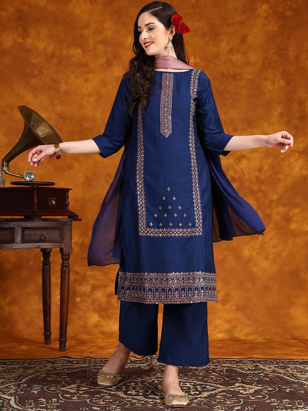 

Sangria Ethnic Motifs Sequinned Embroidered A-Line Kurta With Palazzo & Dupatta, Navy blue