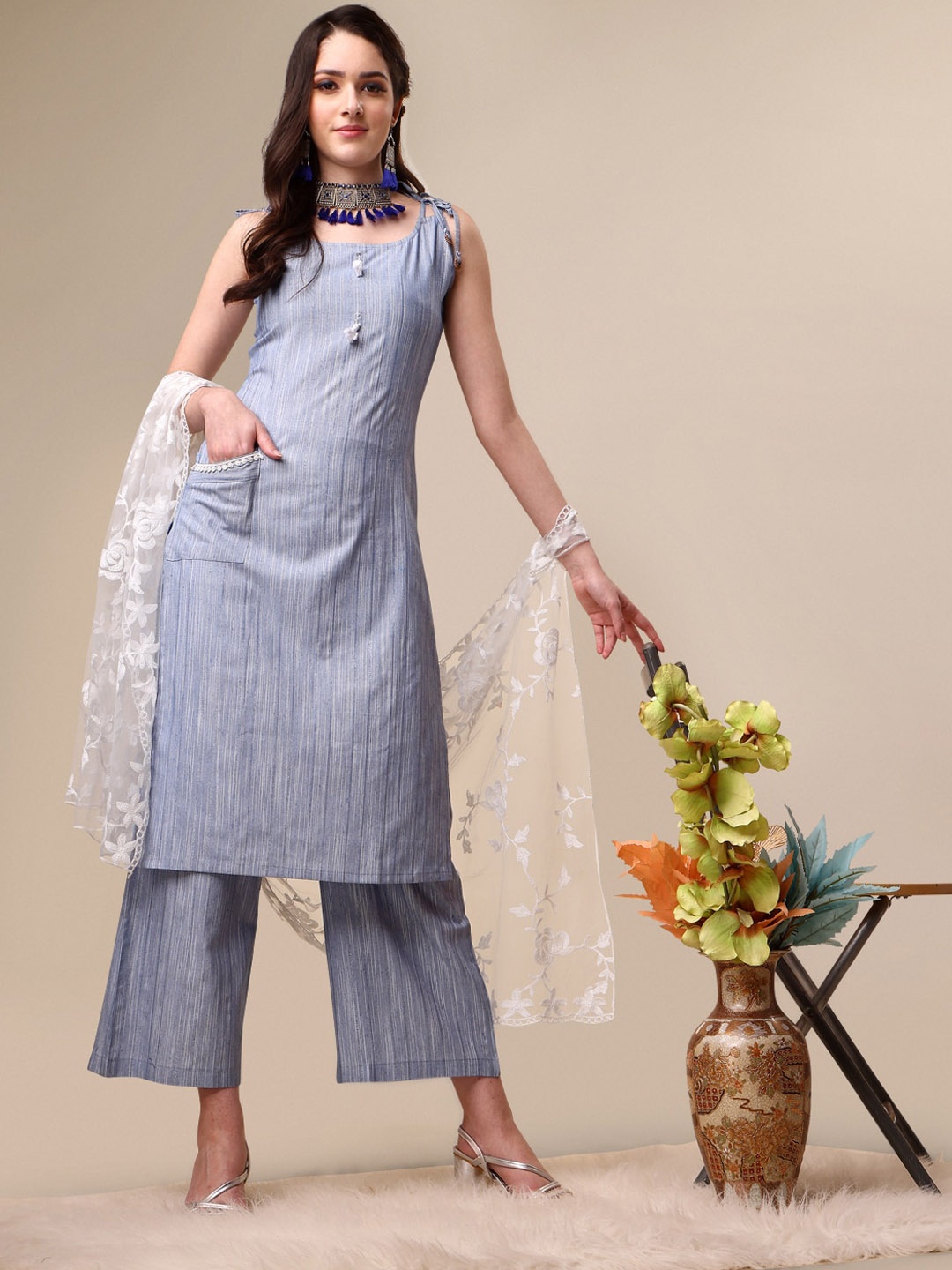 

Sangria Striped Shoulder Straps A-Line Kurta With Palazzo & Dupatta, Blue