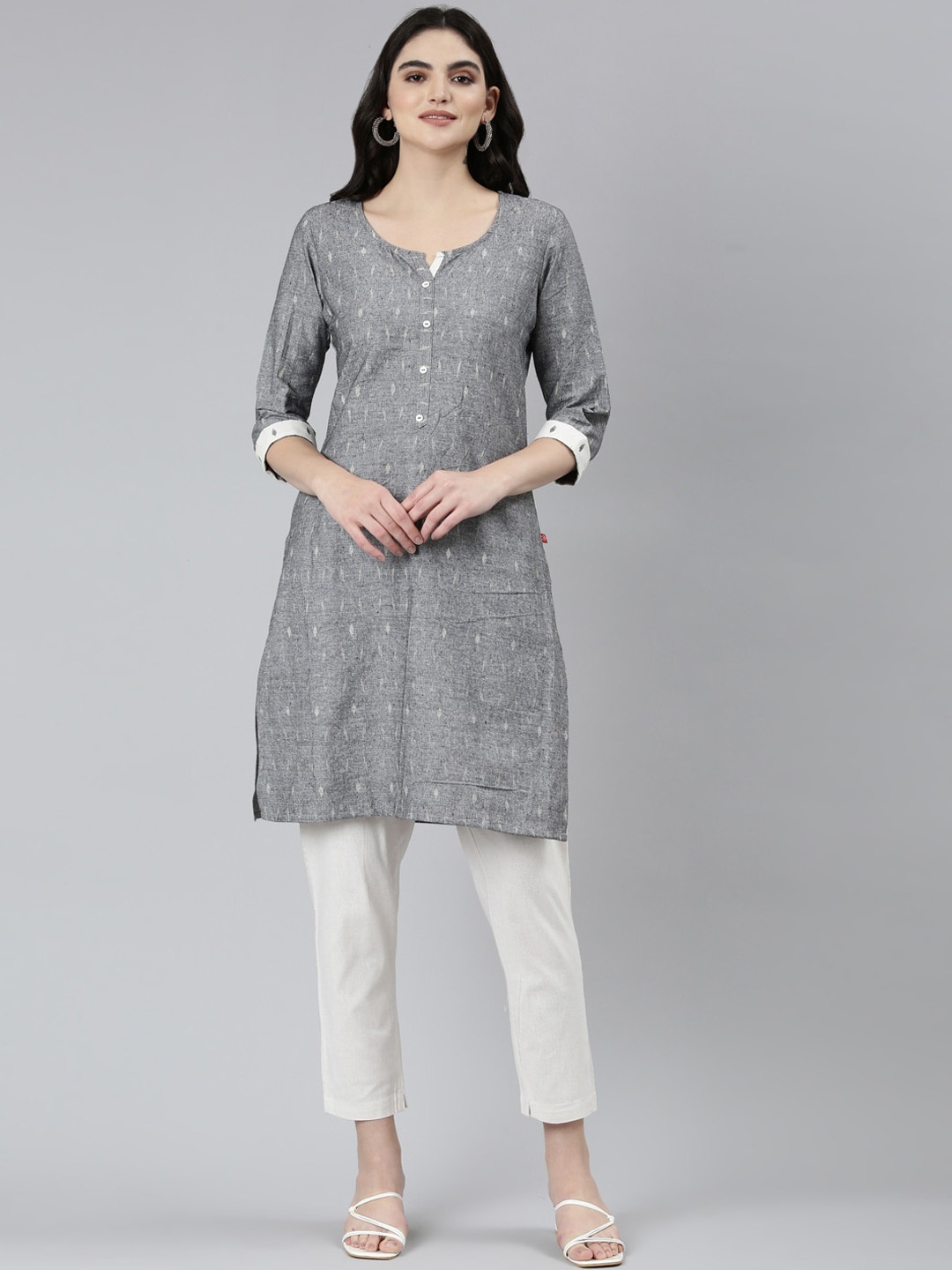 

Marcia Ethnic Motifs Woven Designed Regular Cotton Kurta, Grey