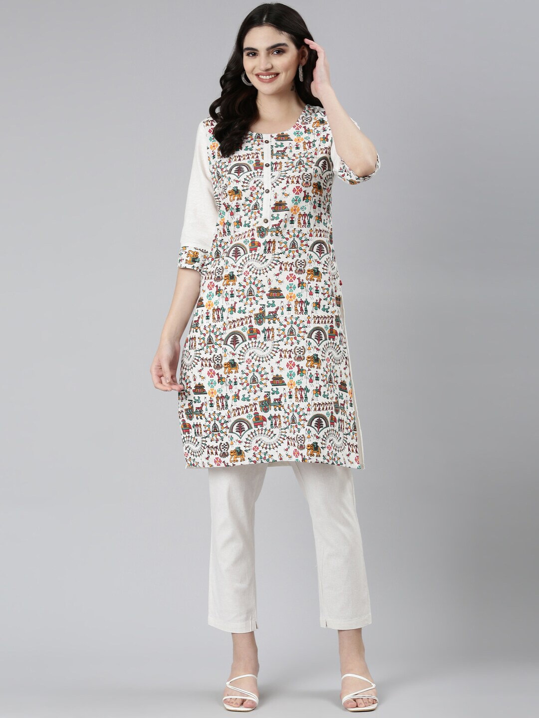 

Marcia ABstract Printed Round Neck Straight Cotton Kurta, White