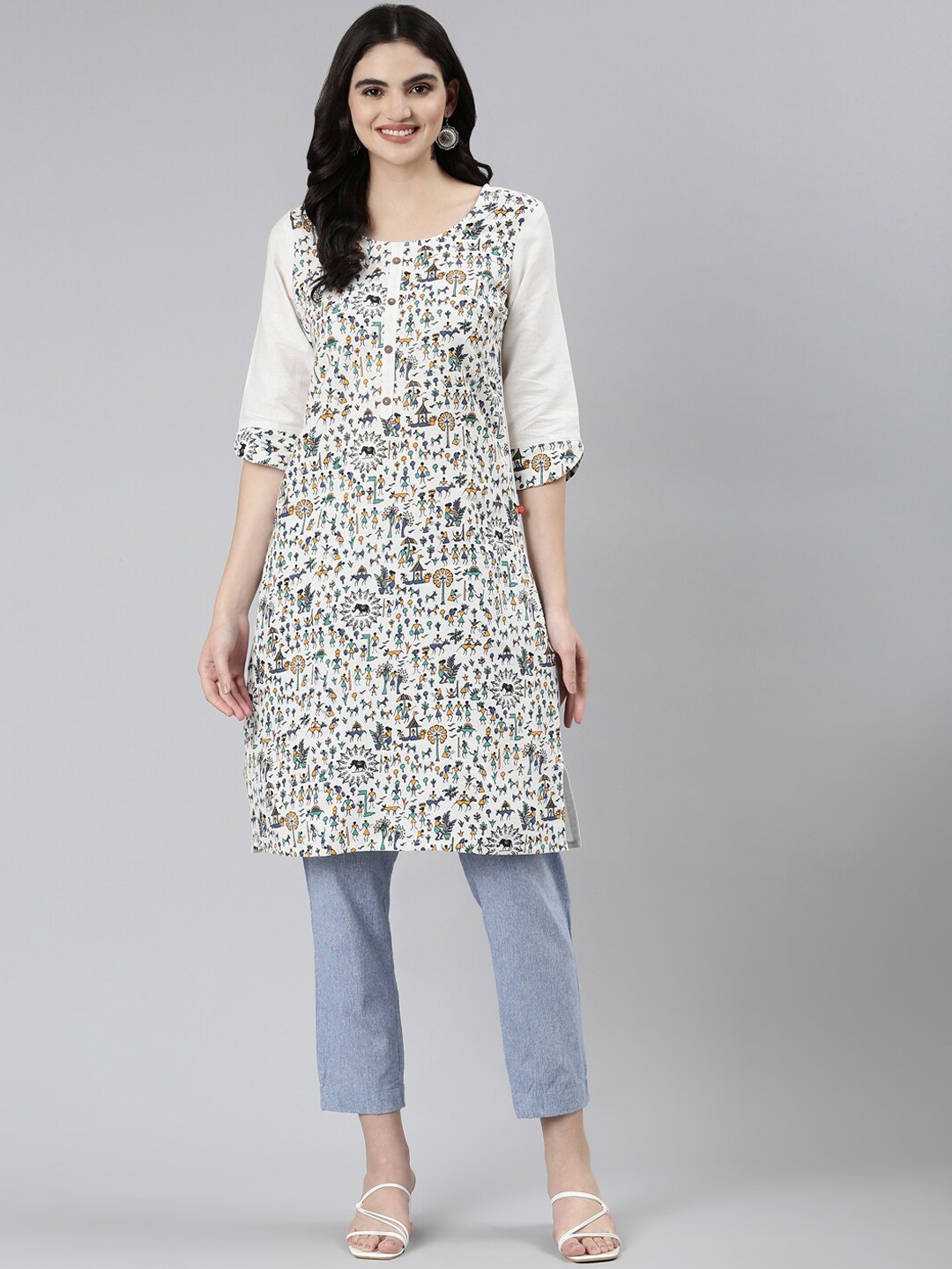 

Marcia Tribal Printed Cotton Straight Kurta, Off white