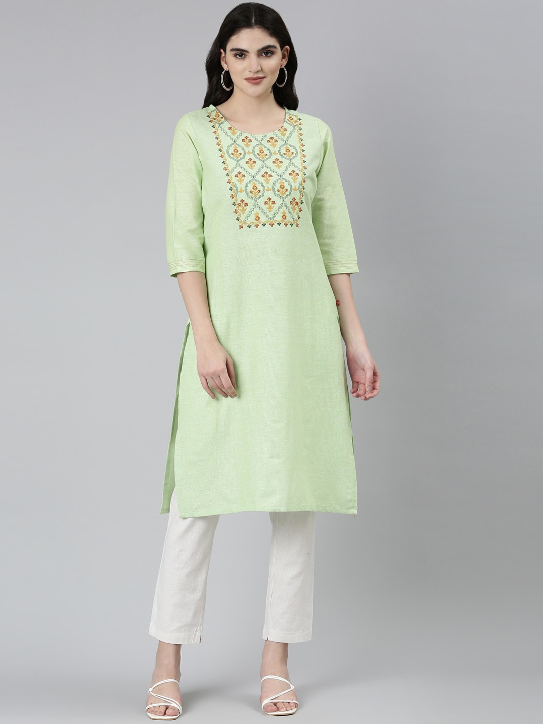 

Marcia Yoke Design Embroidered Straight Cotton Kurta, Green