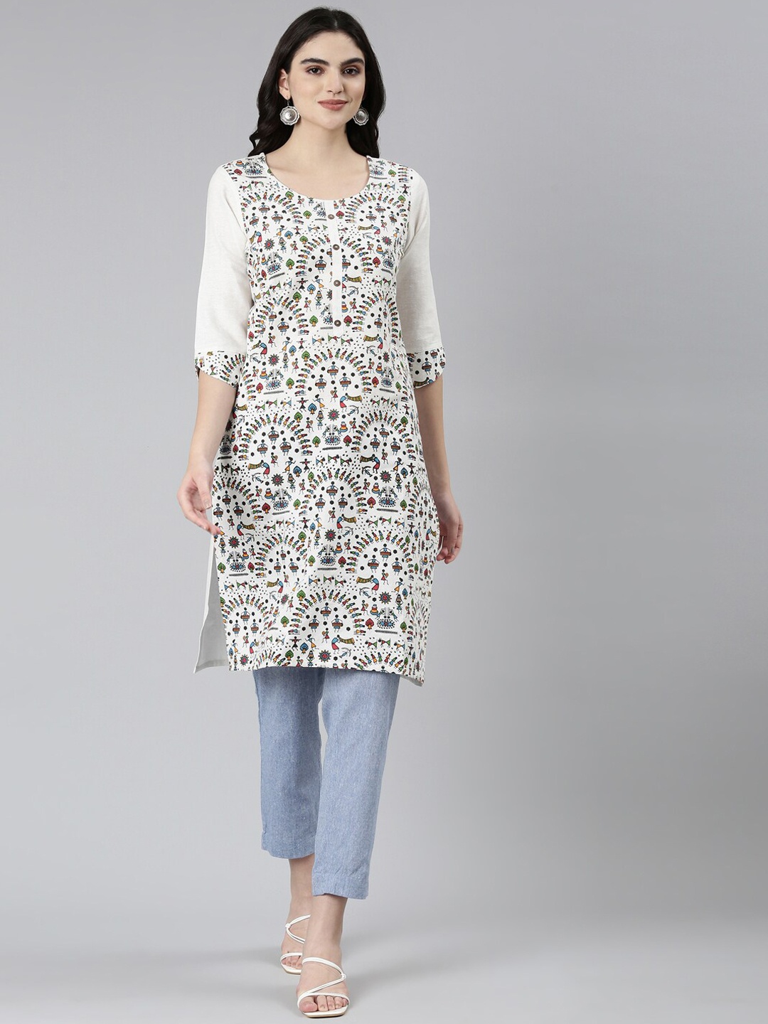 

Marcia Geometric Printed Round Neck Straight Cotton Kurta, White