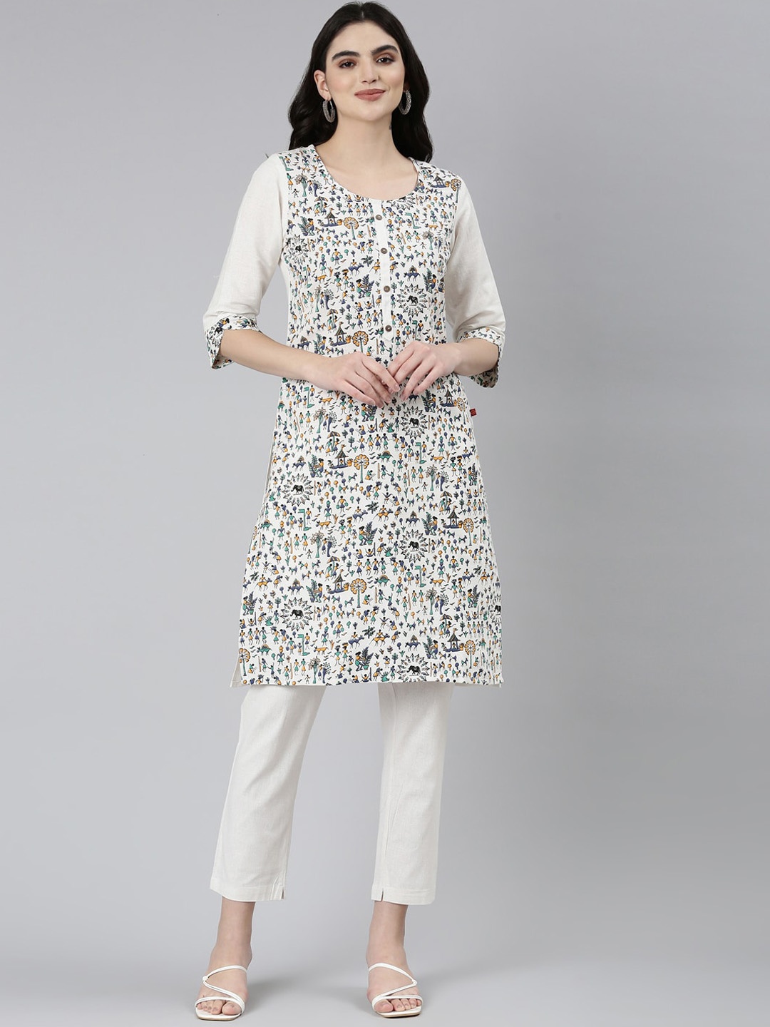 

Marcia Ethnic Motifs Printed Round Neck Cotton Kurta, Off white