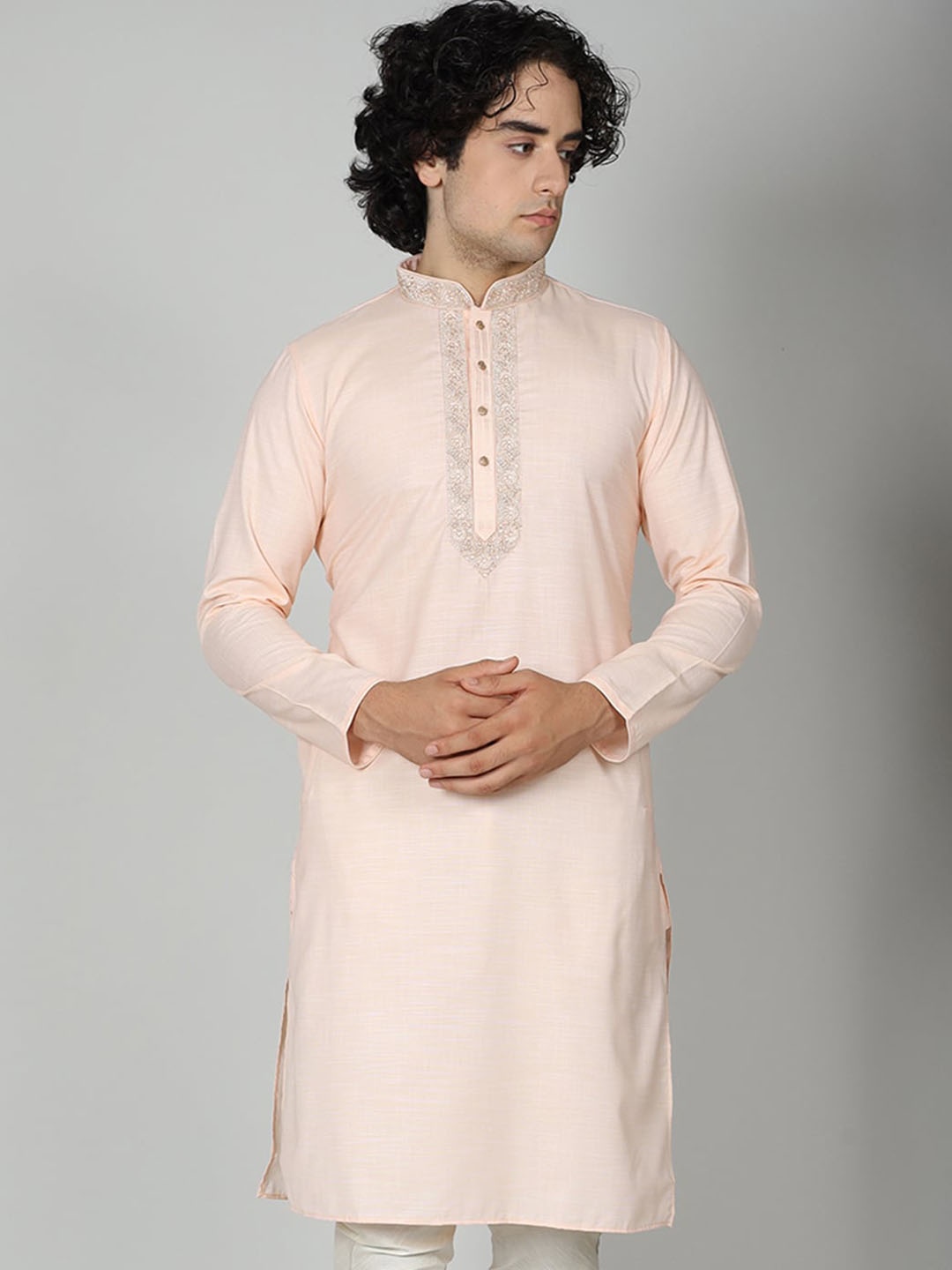

MAAHI FABS Embroidered Mandarin Collar Cotton Straight Kurta, Peach