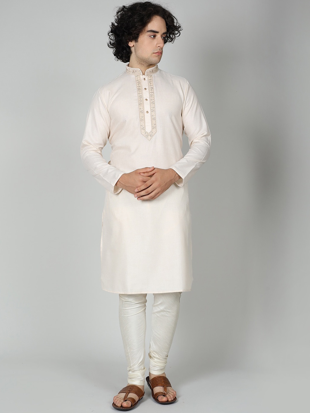 

MAAHI FABS Floral Yoke Design Thread Work Straight Kurta, Cream