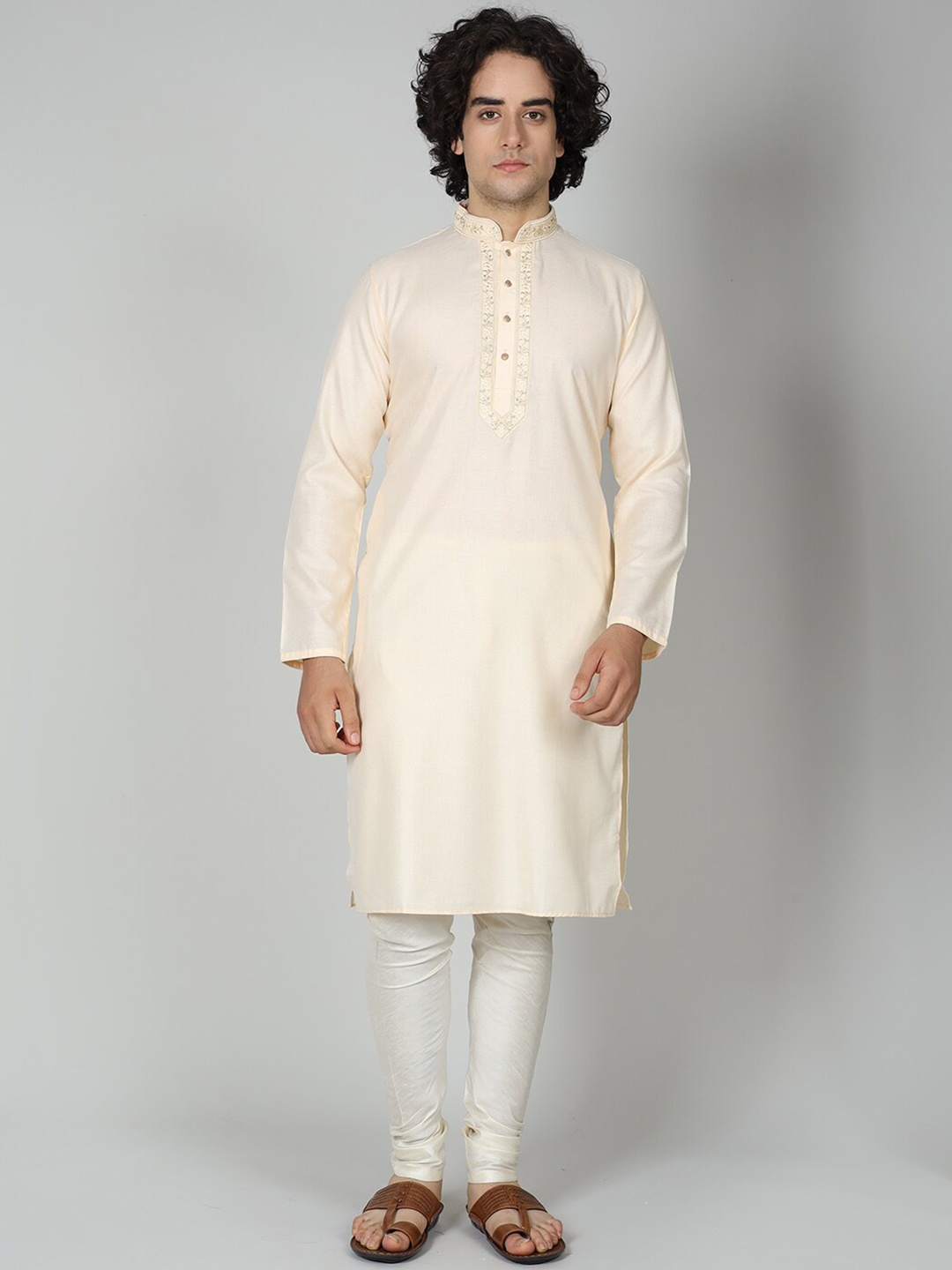 

MAAHI FABS Embroidered Mandarin Collar Cotton Straight Kurta, Cream