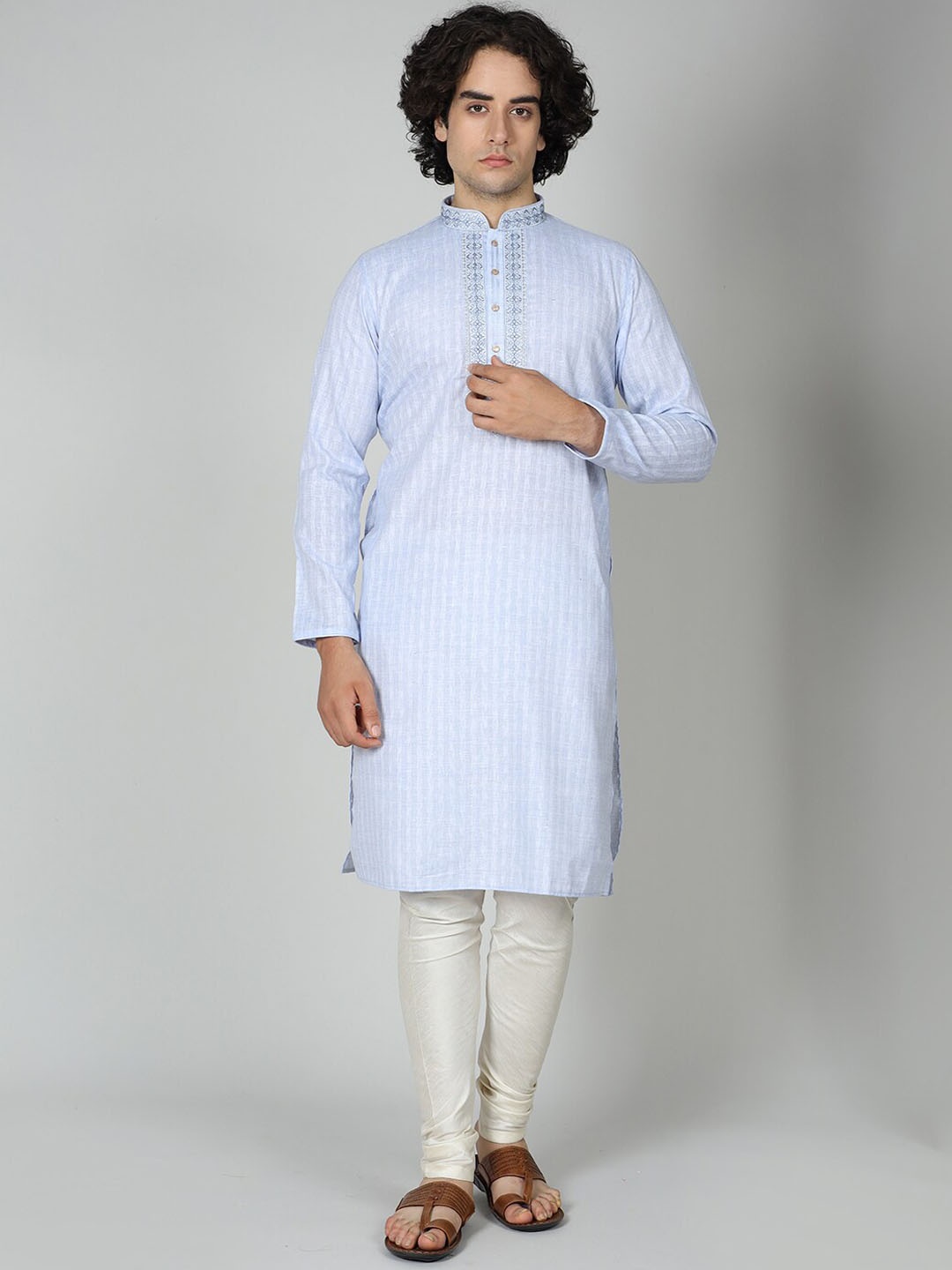 

MAAHI FABS Striped Mandarin Collar Thread Work Cotton Straight Kurta, Blue