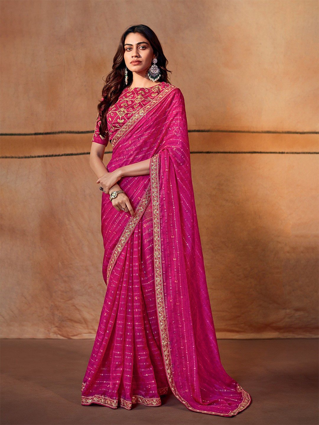 

elora Ethnic Motifs Embroidered Pure Chiffon Saree, Pink
