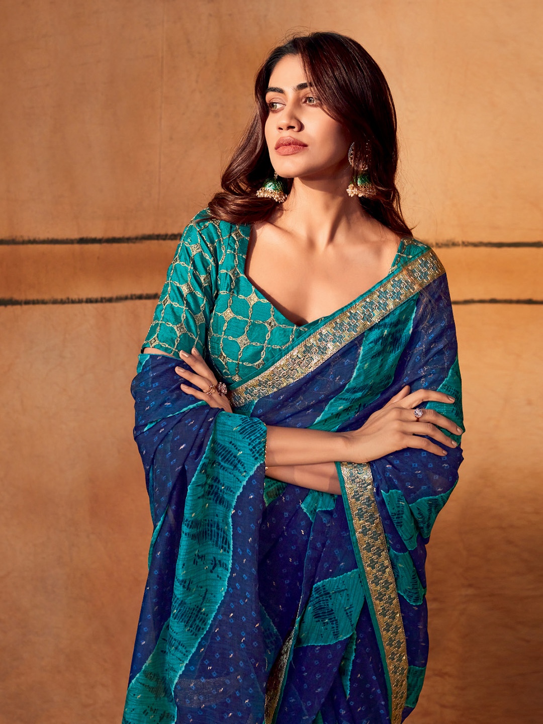 

elora Bandhani Printed Pure Chiffon Saree, Blue