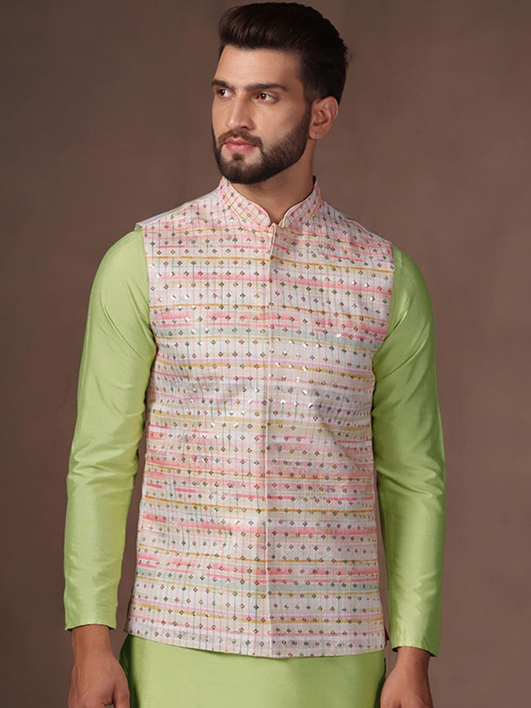 

KISAH Embellished Nehru Jacket With Pocket Square, White