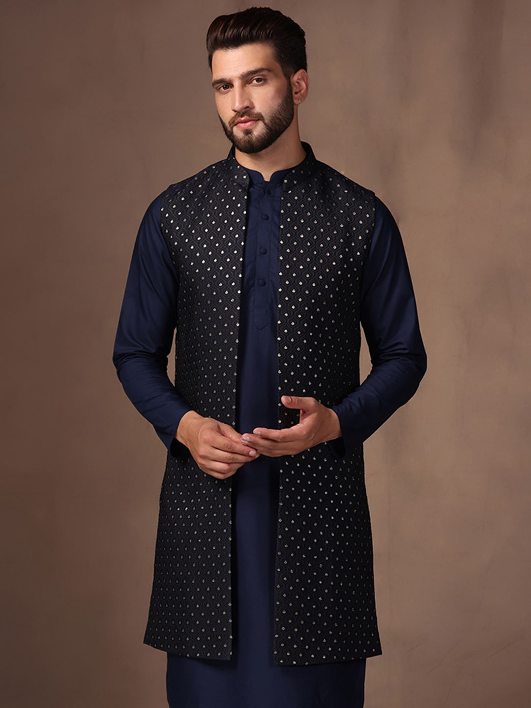 

KISAH Embellished Open Front Nehru Jacket, Navy blue