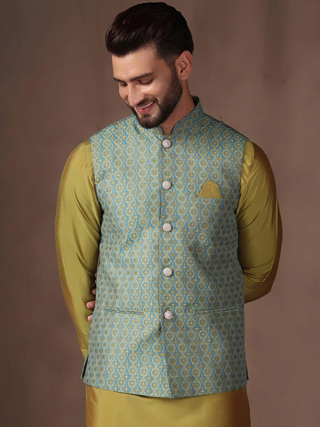 

KISAH Printed Nehru Jacket With Pocket Square, Blue