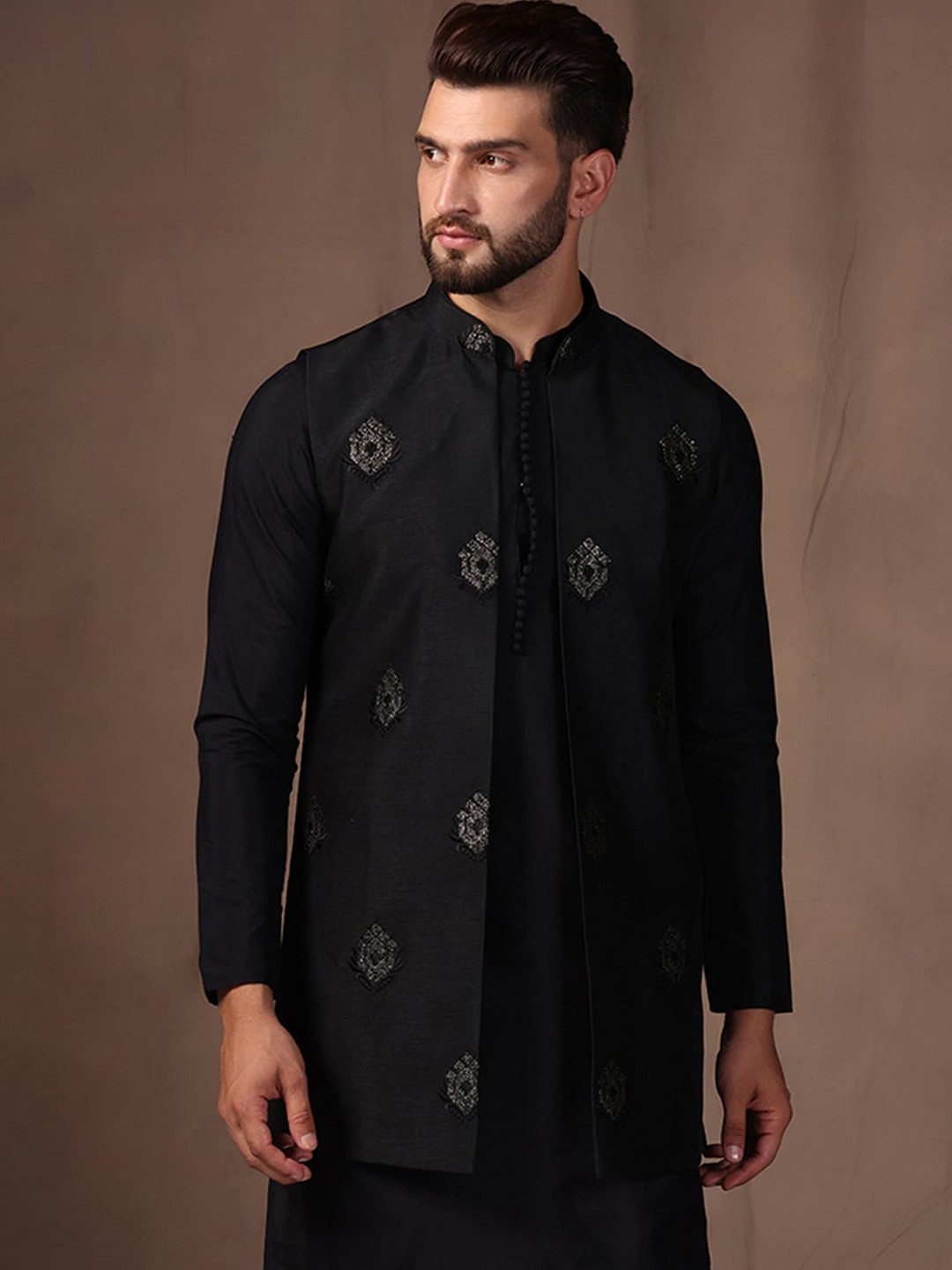 

KISAH Embroidered Open Front Nehru Jacket, Black