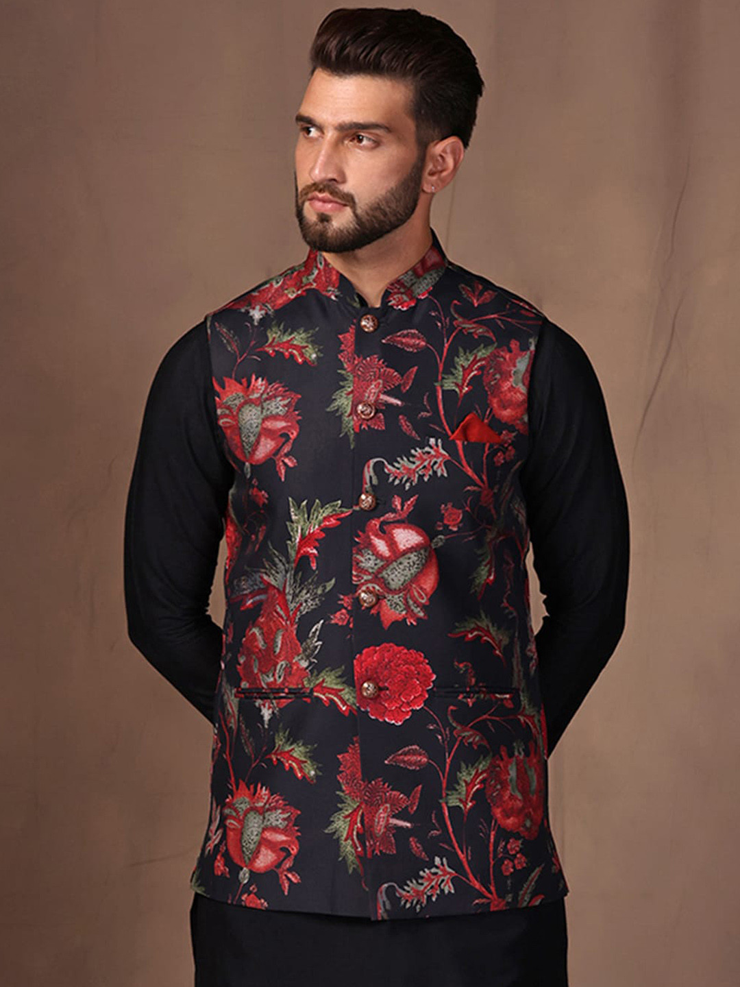 

KISAH Men Floral Printed Regular Fit Nehru Jacket, Black