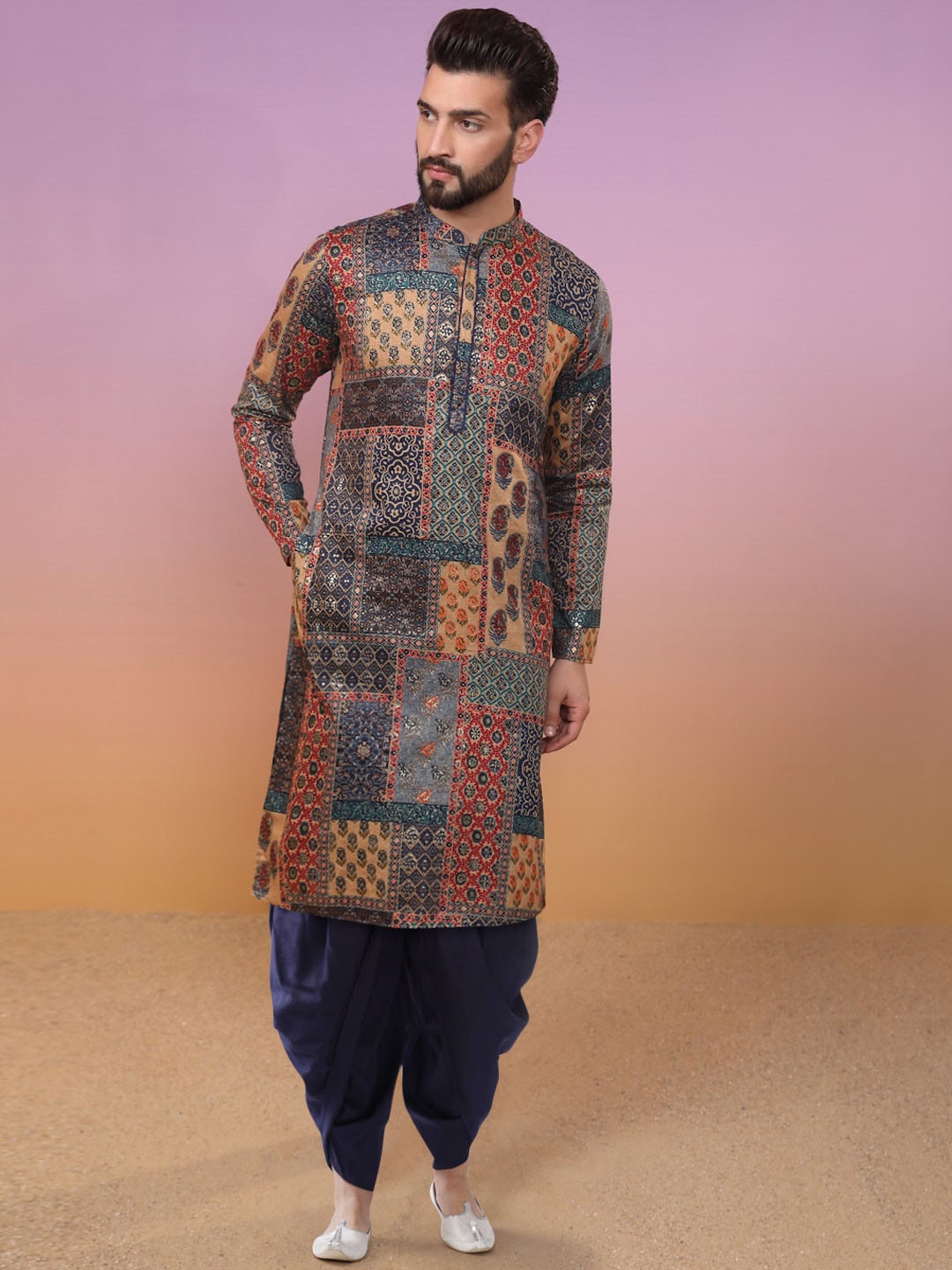 

KISAH Ethnic Motifs Printed Mandarin Collar Kurta with Dhoti Pants, Navy blue