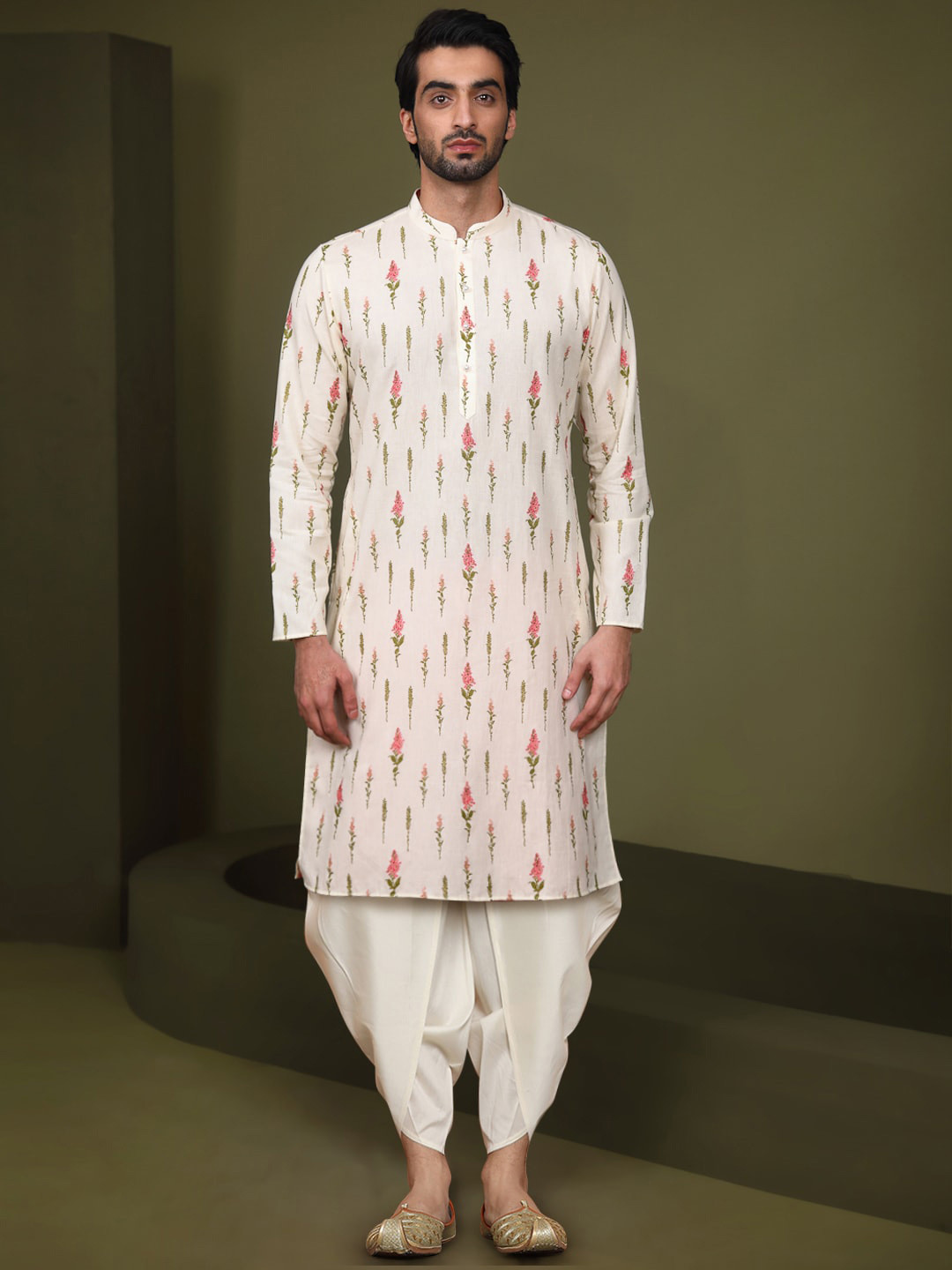 

KISAH Floral Printed Mandarin Collar Pure Cotton Kurta with Dhoti Pants, Cream