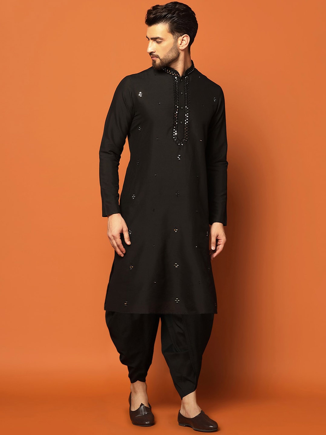 KISAH Embroidered Regular Mirror Work Kurta with Dhoti Pants, Black