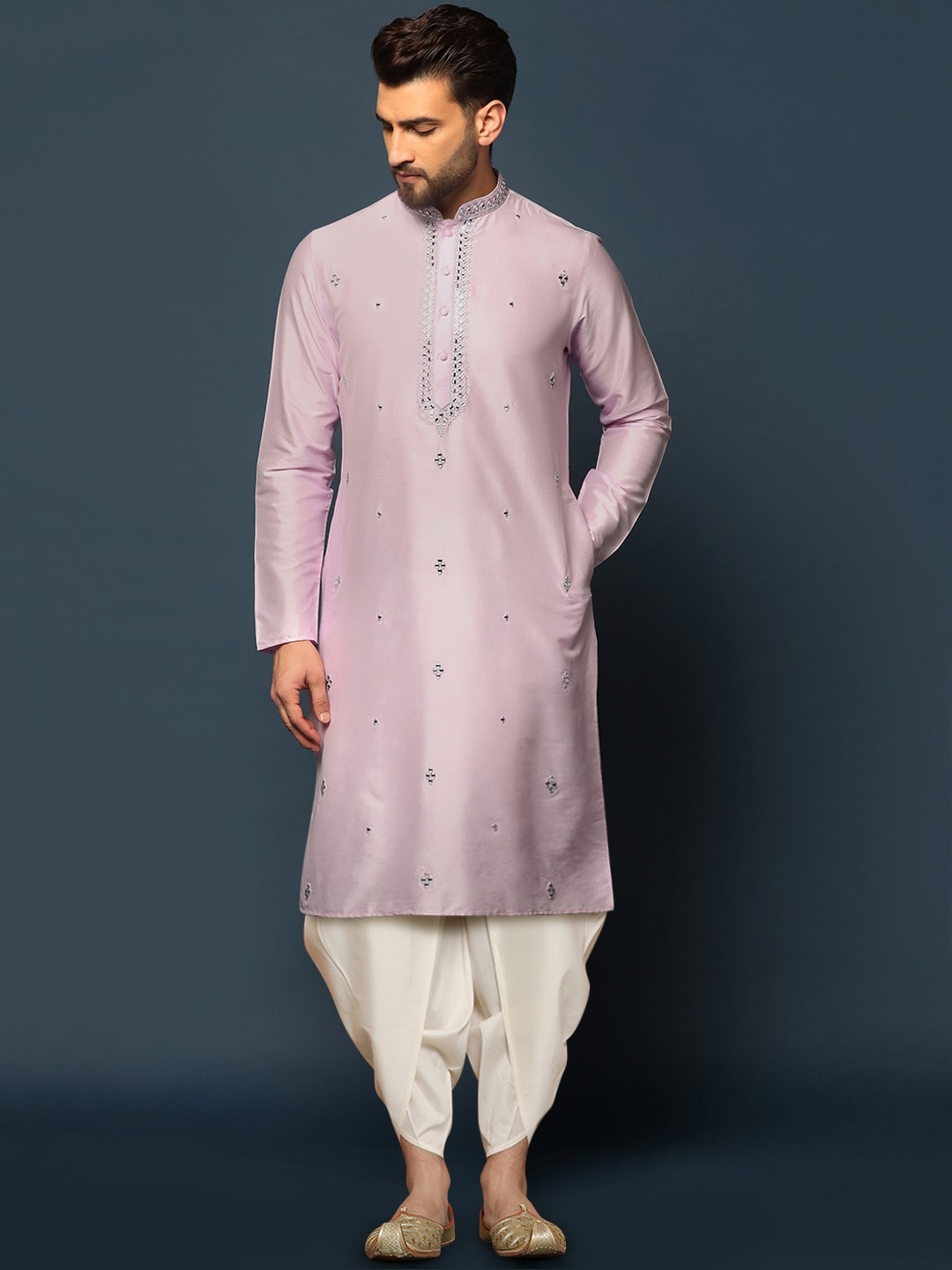 

KISAH Men Mirror Work Embroidered Regular Fit Abstract Print Kurta Dhoti Set, Pink