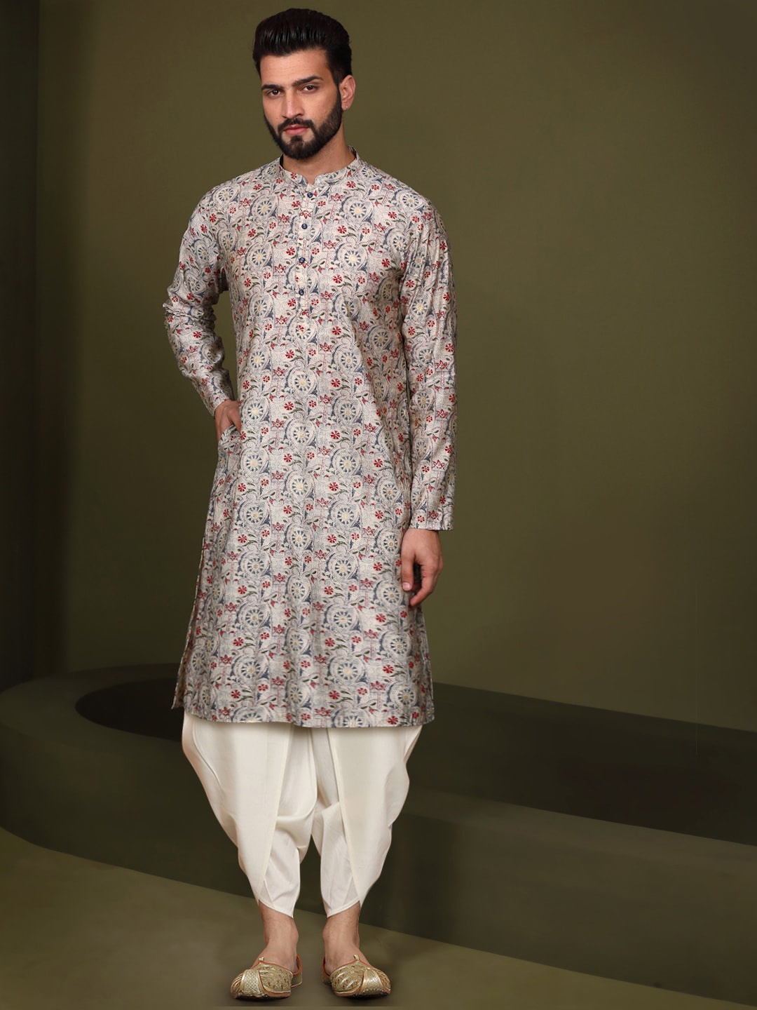 

KISAH Ethnic Motifs Printed Straight Mandarin Collar Straight Kurta with Dhoti Pant, White