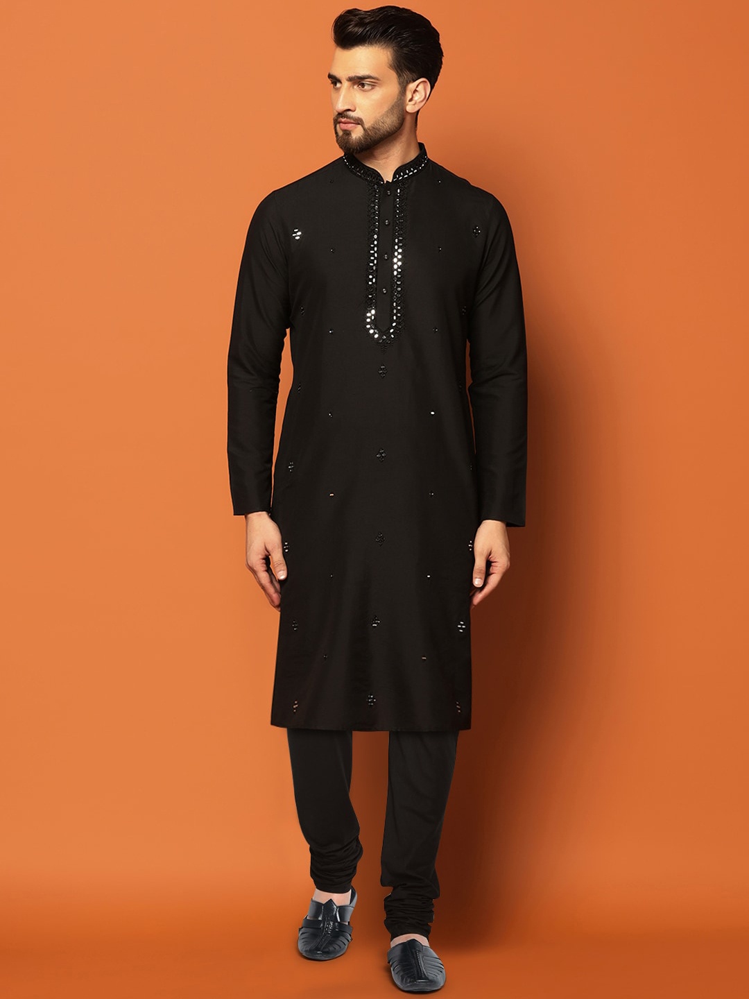 

KISAH Ethnic Motifs Embroidered Regular Sequinned Kurta with Churidar, Black
