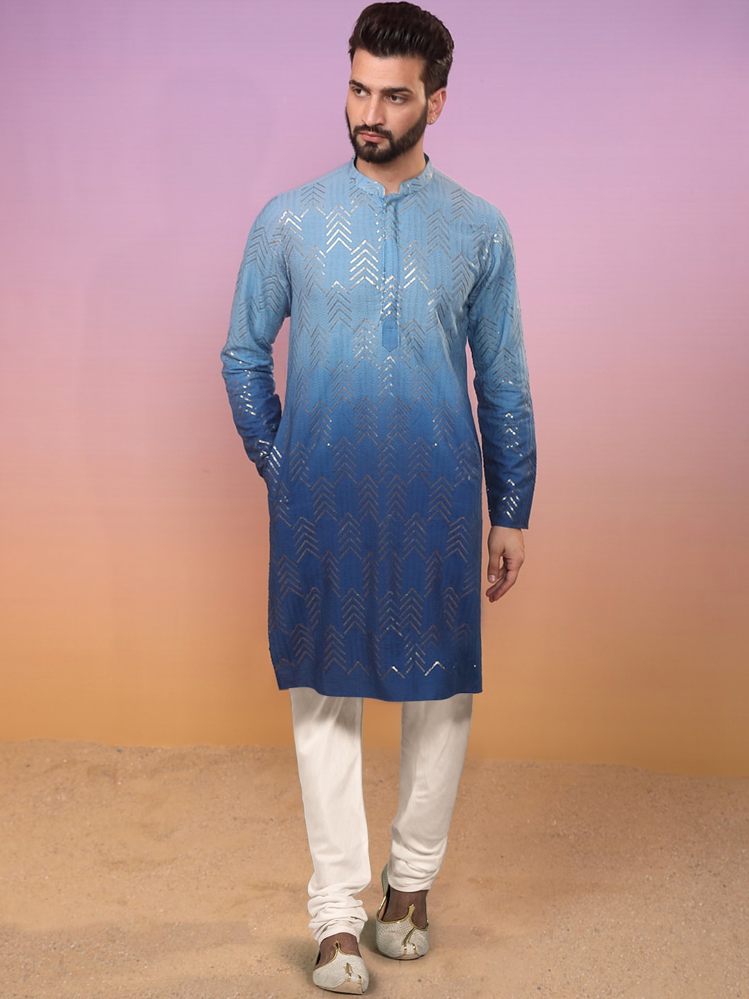 

KISAH Ethnic Motifs Emboidered Sequinned Pure Cotton Straight Kurta With Churidar, Navy blue