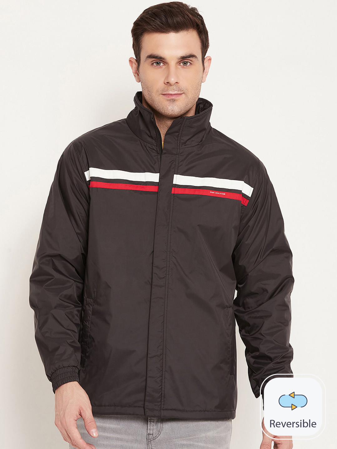 

Okane Striped Mock Collar Reversible Sporty Jacket, Black