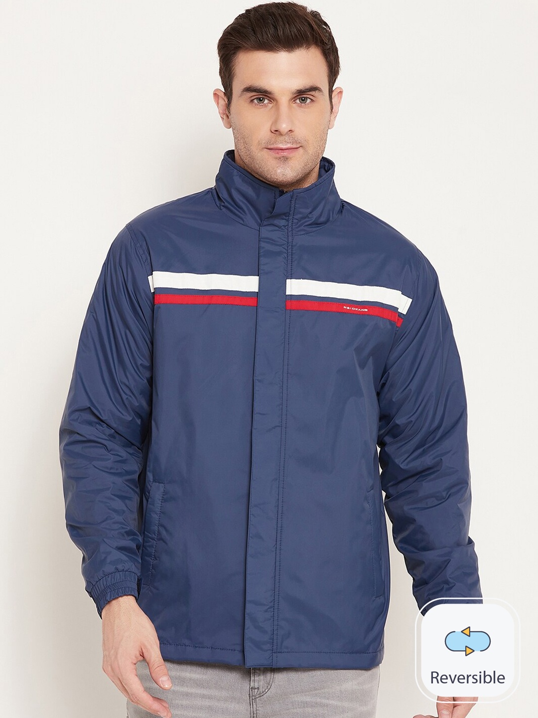 

Okane Mock Collar Lightweight Reversible Bomber Jacket, Blue