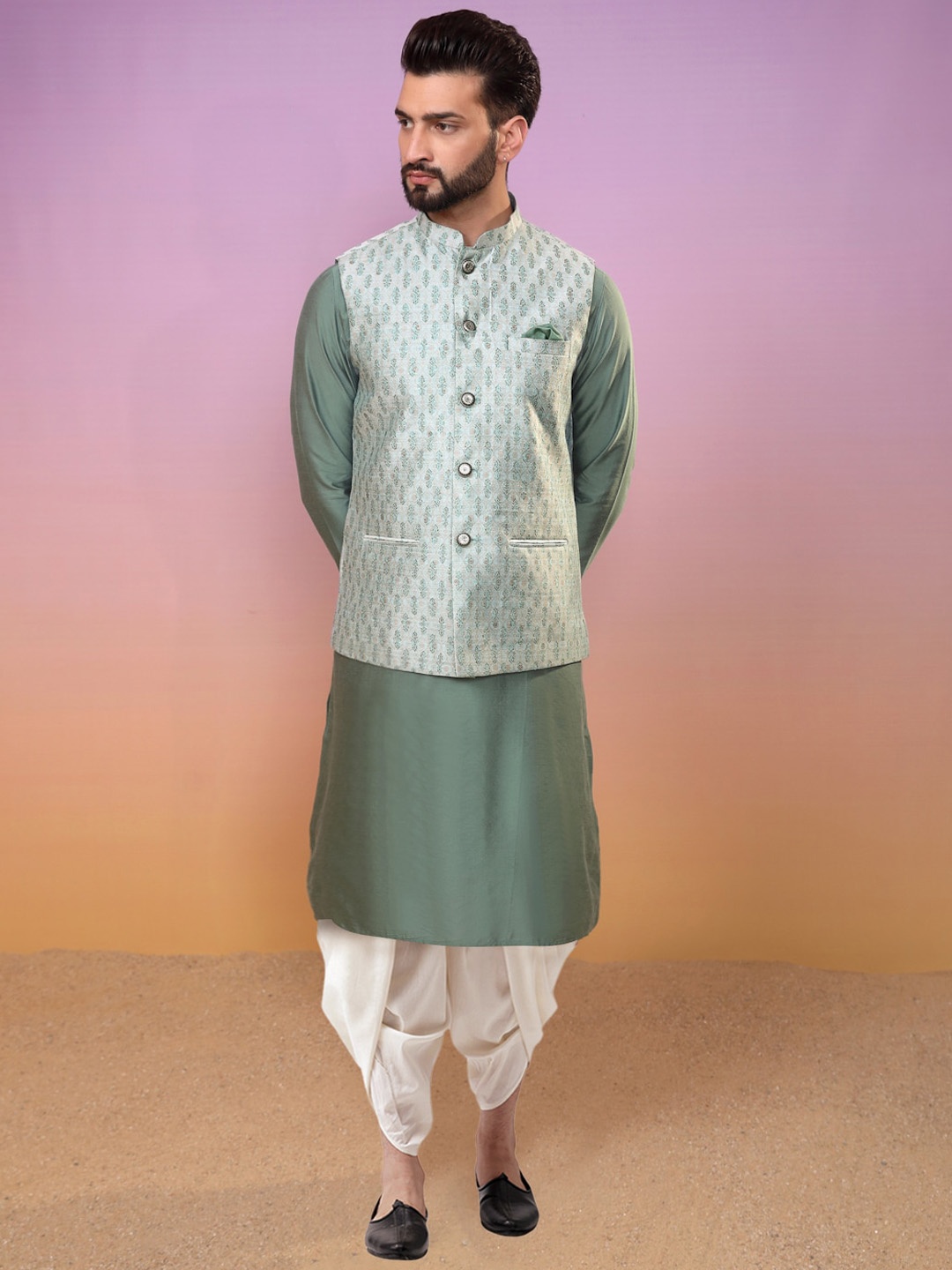 

KISAH Ethnic Motifs Printed Regular Kurta with Dhoti Pants & Nehru Jacket, Olive