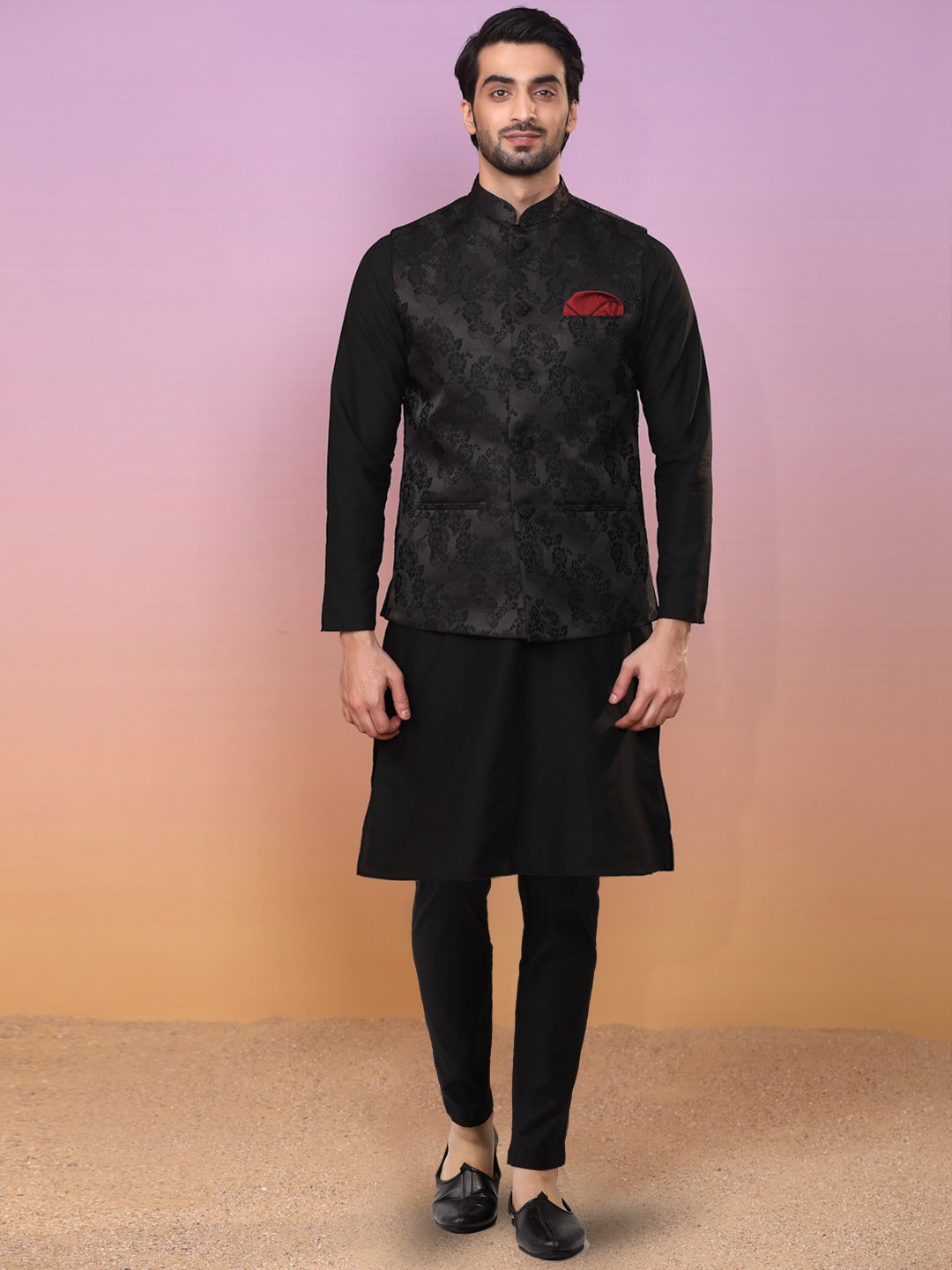 

KISAH Mandarin Collar Straight Kurta & Trousers With Nehru jacket, Black