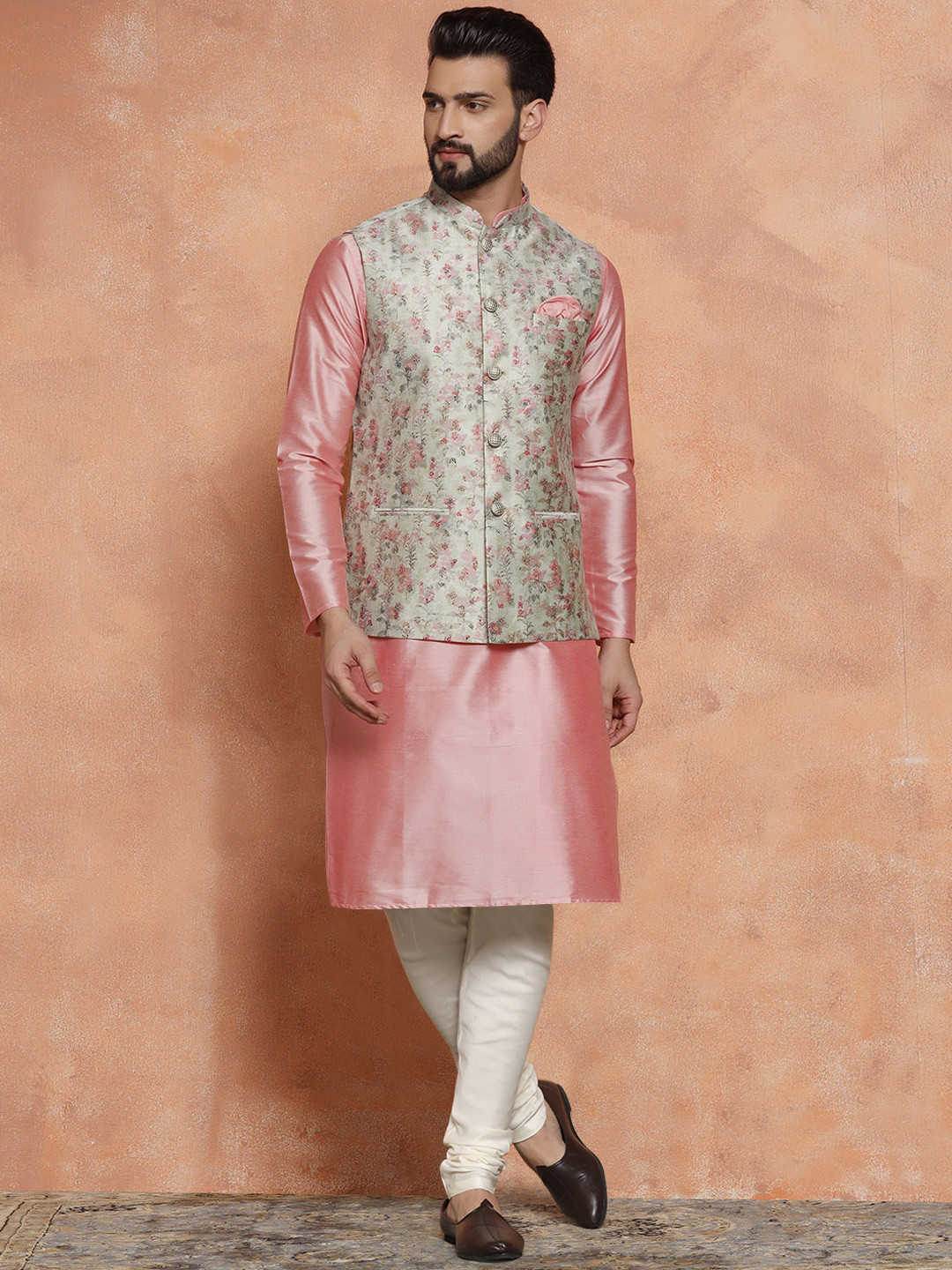 

KISAH Mandarin Collar Straight Kurta With Churidar & Nehru Jacket, Pink