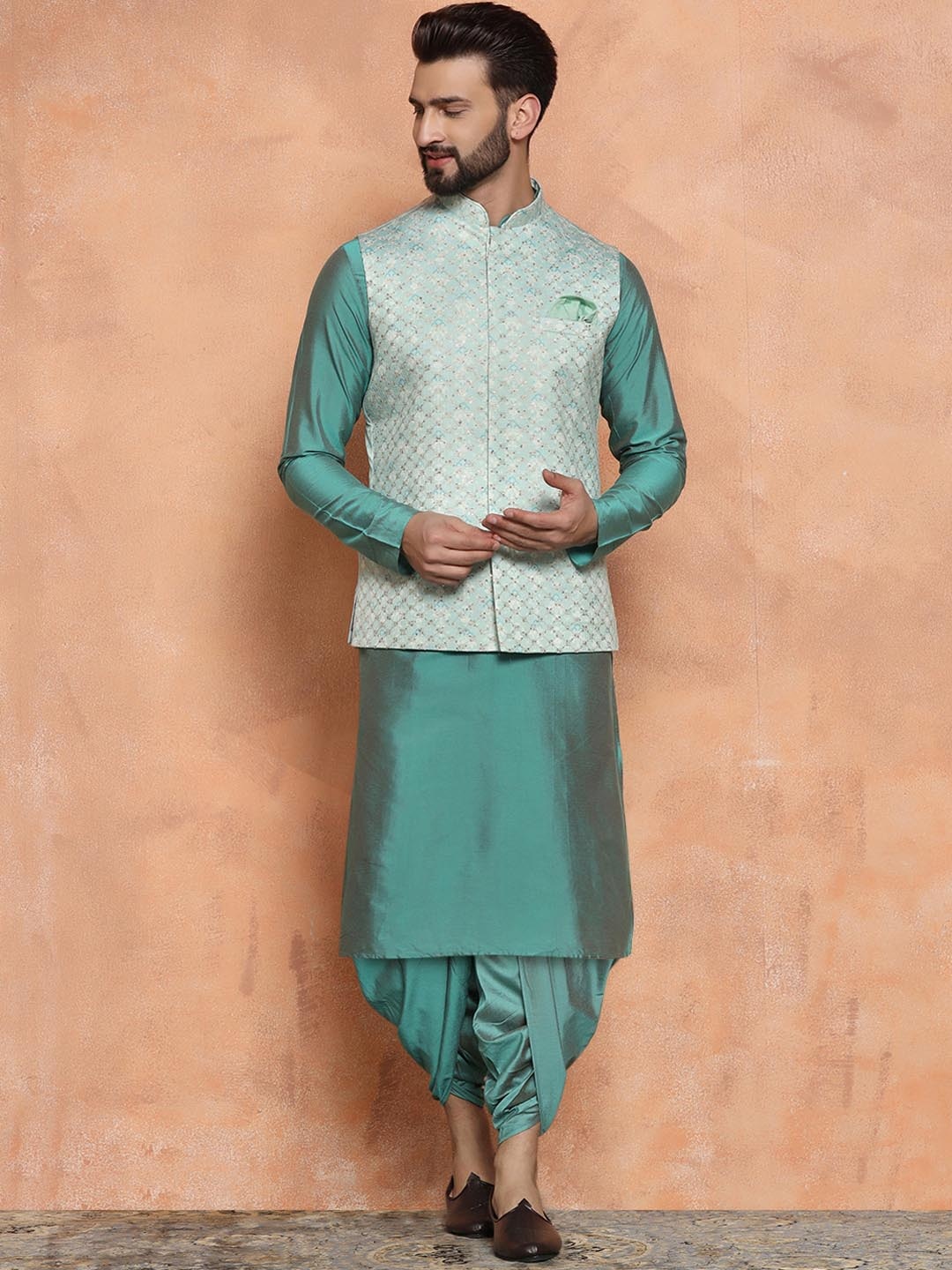 

KISAH Regular Kurta With Dhoti Pant & Embroidered Sequined Jacket, Green