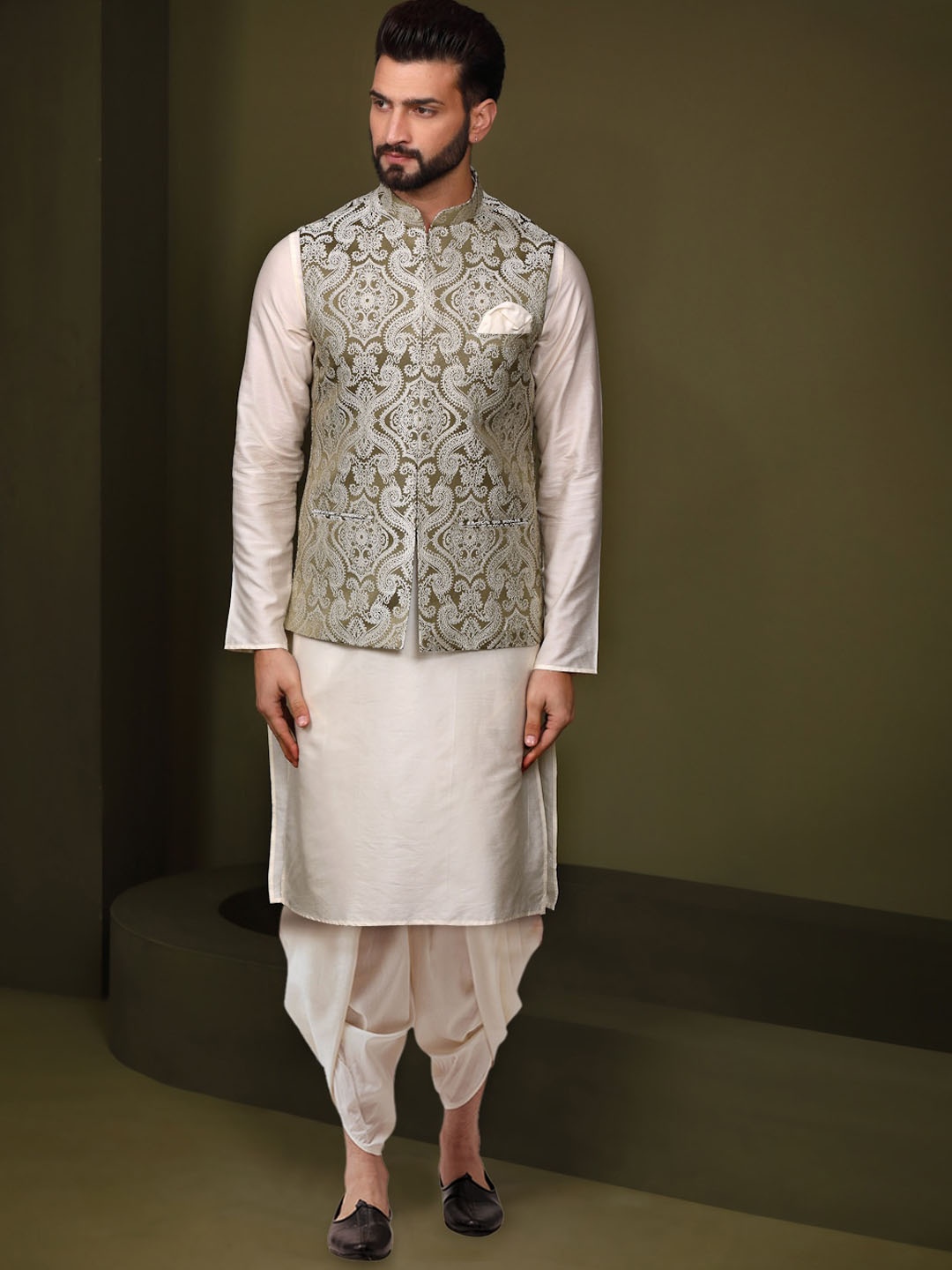 

KISAH Regular Kurta With Dhoti Pant & Embroidered jacket, Olive