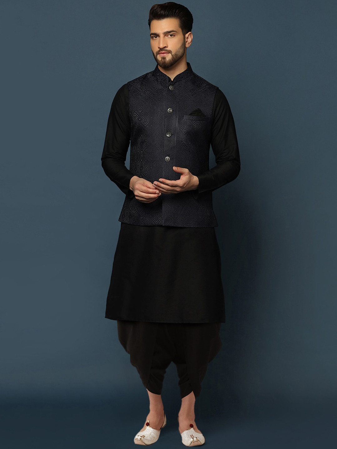 

KISAH Mandarin Collar Straight Kurta & Dhoti Pants With Nehru jacket, Black
