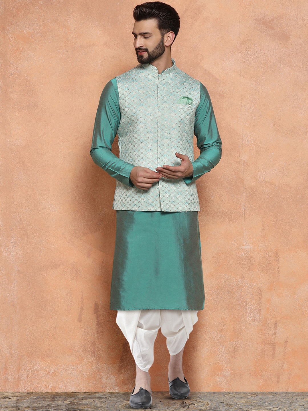 

KISAH Mandarin Collar Straight Kurta & Dhoti Pants With Nehru jacket, Green