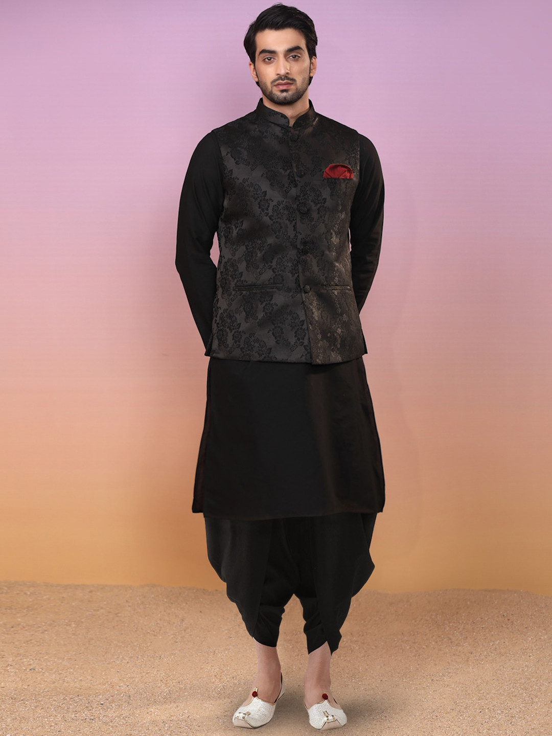 

KISAH Mandarin Collar Straight Kurta & Dhoti Pant With Nehru Jacket, Black