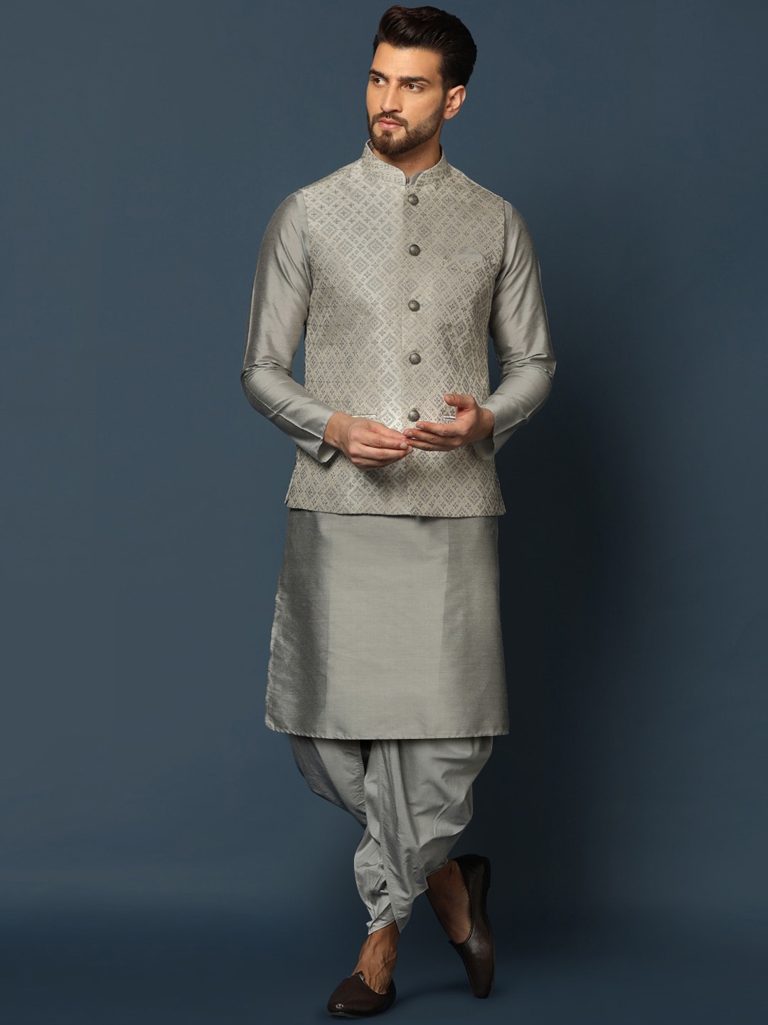 

KISAH Mandarin Collar Straight Kurta & Dhoti Pants With Nehru jacket, Grey