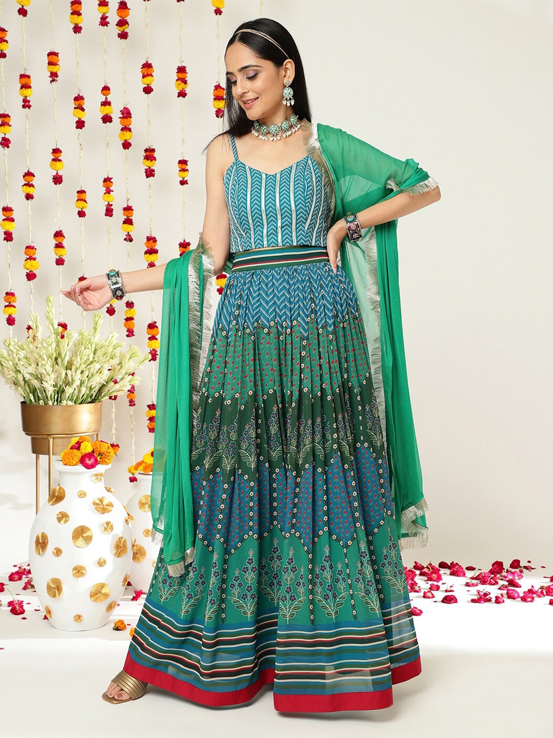 

Varanga Printed Ready to Wear Lehenga & Blouse With Dupatta, Teal