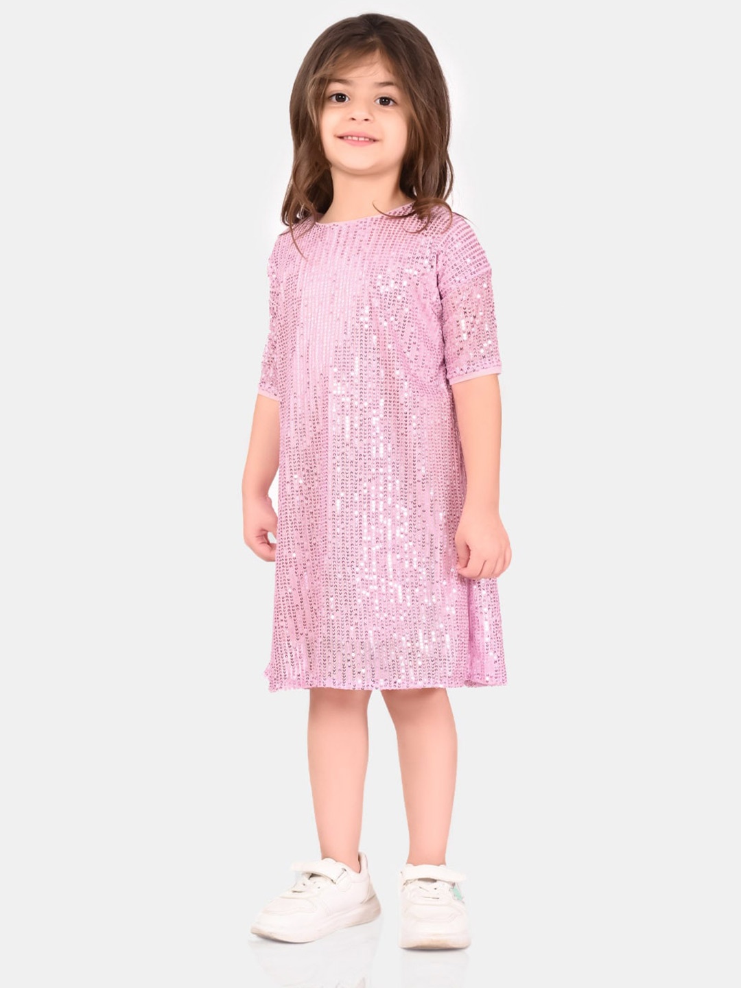 

BONKIDS Embellished Round Neck Sequinned Cotton A-Line Dress, Pink