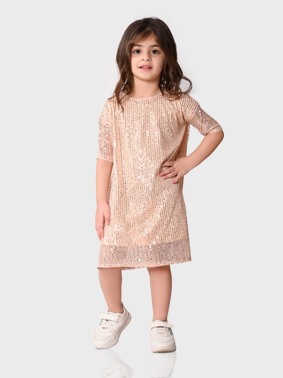 

BONKIDS Girls Embellished Sequinned Detailed Cotton A-Line Dress, Cream