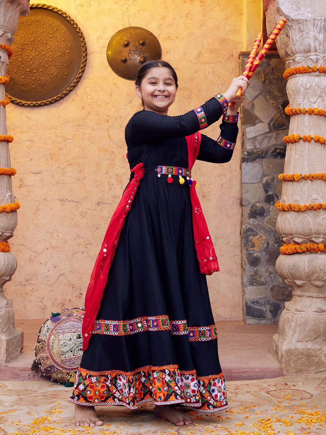 

VASTRAMAY Girls Embroidered Mirror Work Belted Fit & Flare Ethnic Dress With Dupatta, Black