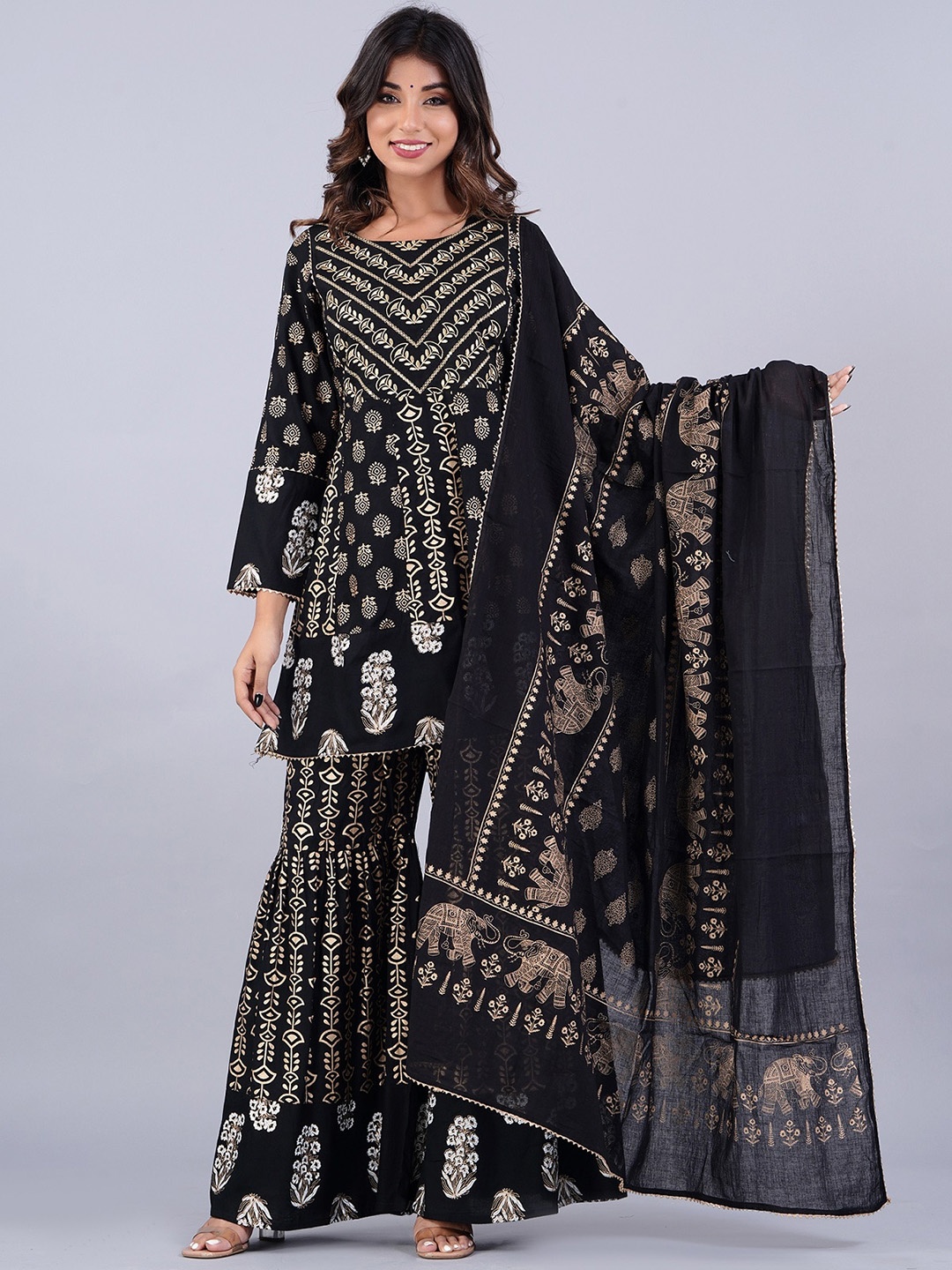 

KUROCK Ethnic Motifs Printed Gotta Patti A-Line Kurti & Sharara With Dupatta, Black