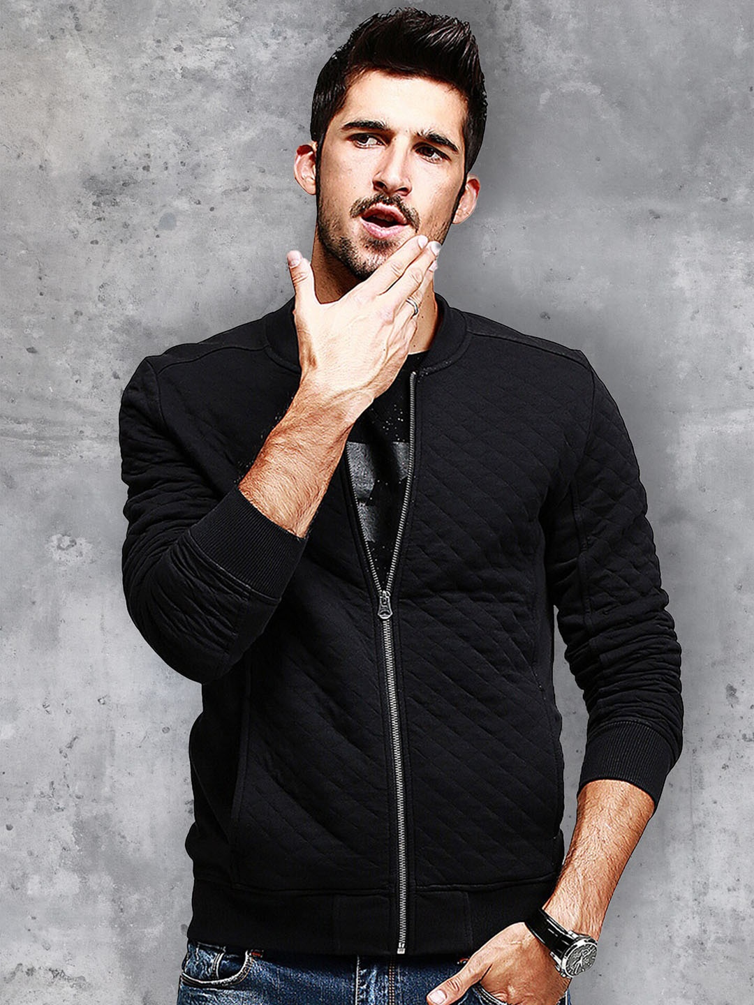 

fanideaz Mock Collar Bomber Jacket, Black