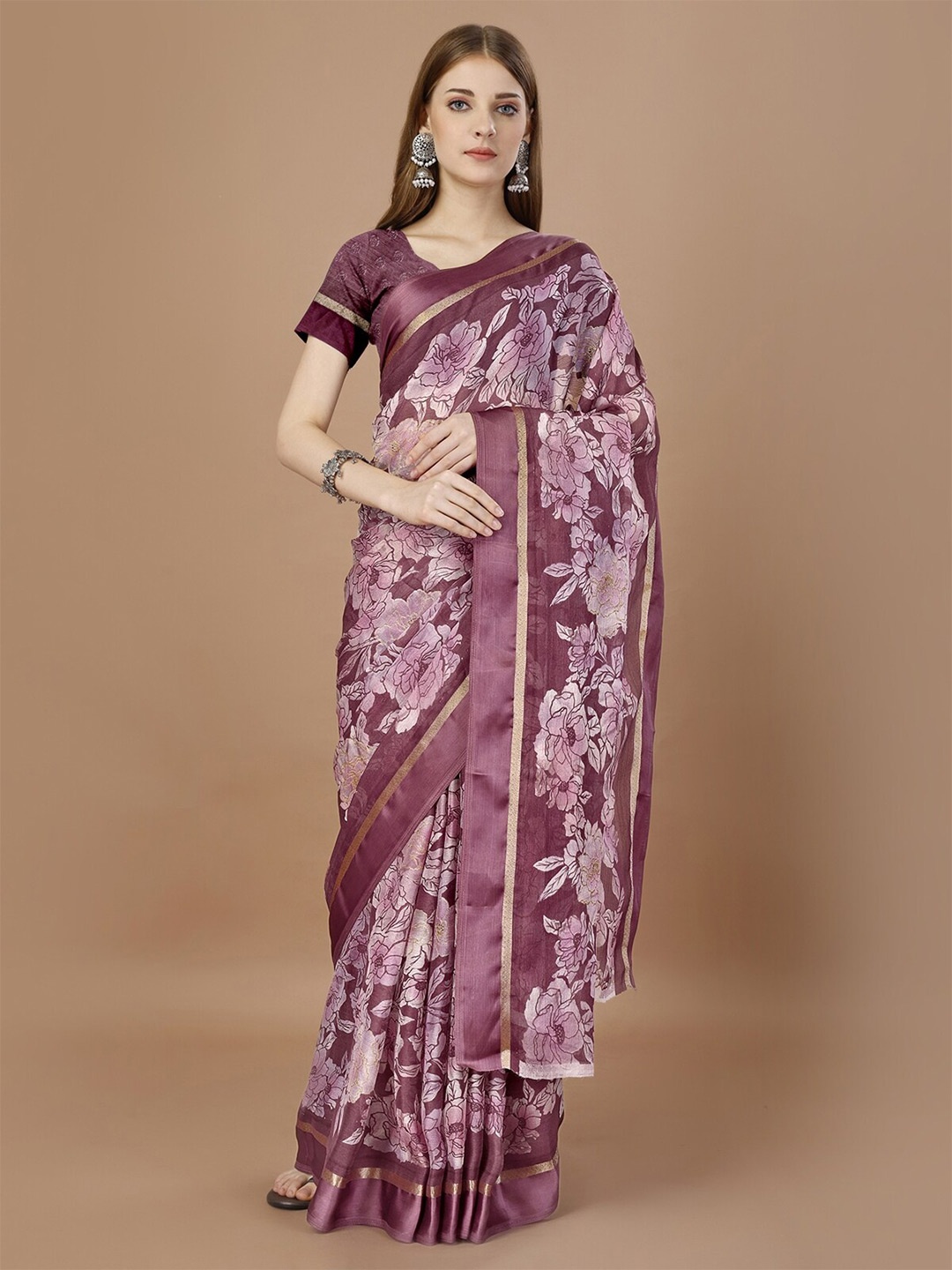

KALINI Floral Printed Pure Chiffon Saree, Violet