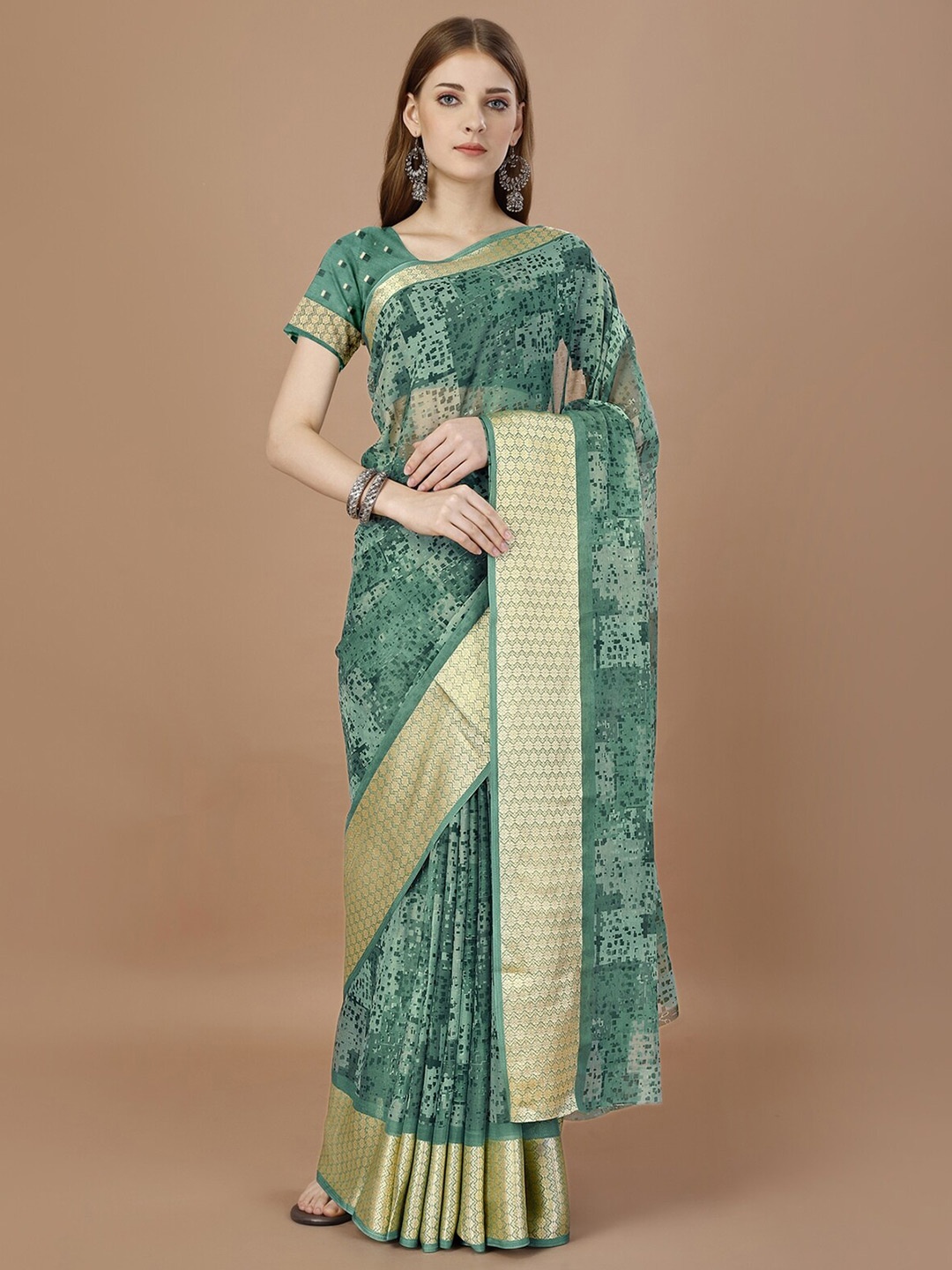 

KALINI Printed Zari Pure Chiffon Saree, Brown